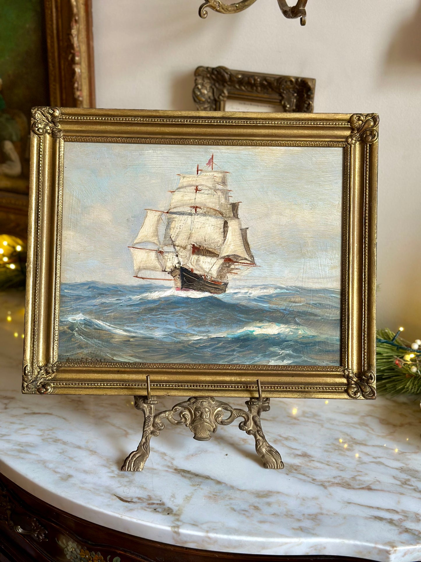 Vintage Oil on Board Seascape | Three-Masted Clipper