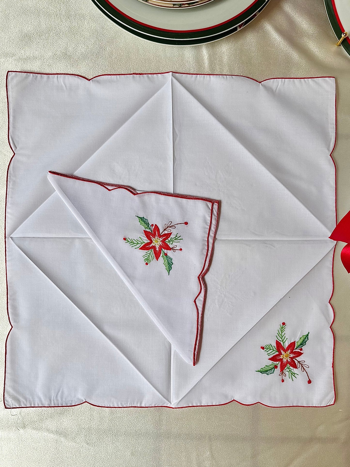 Royal Poinsettia Embroidered Linens