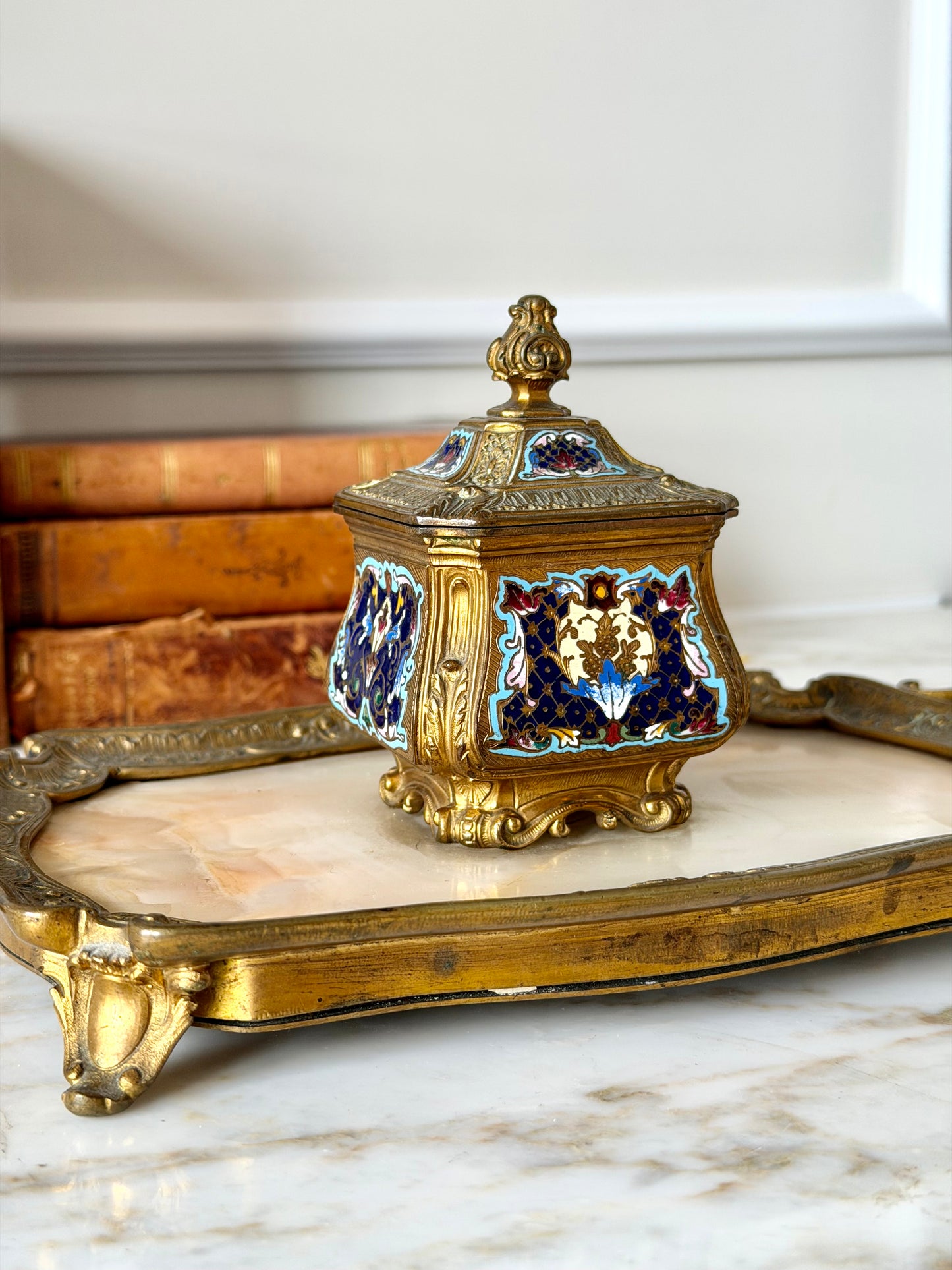 Gilt bronze, champlevé, and onyx inkwell