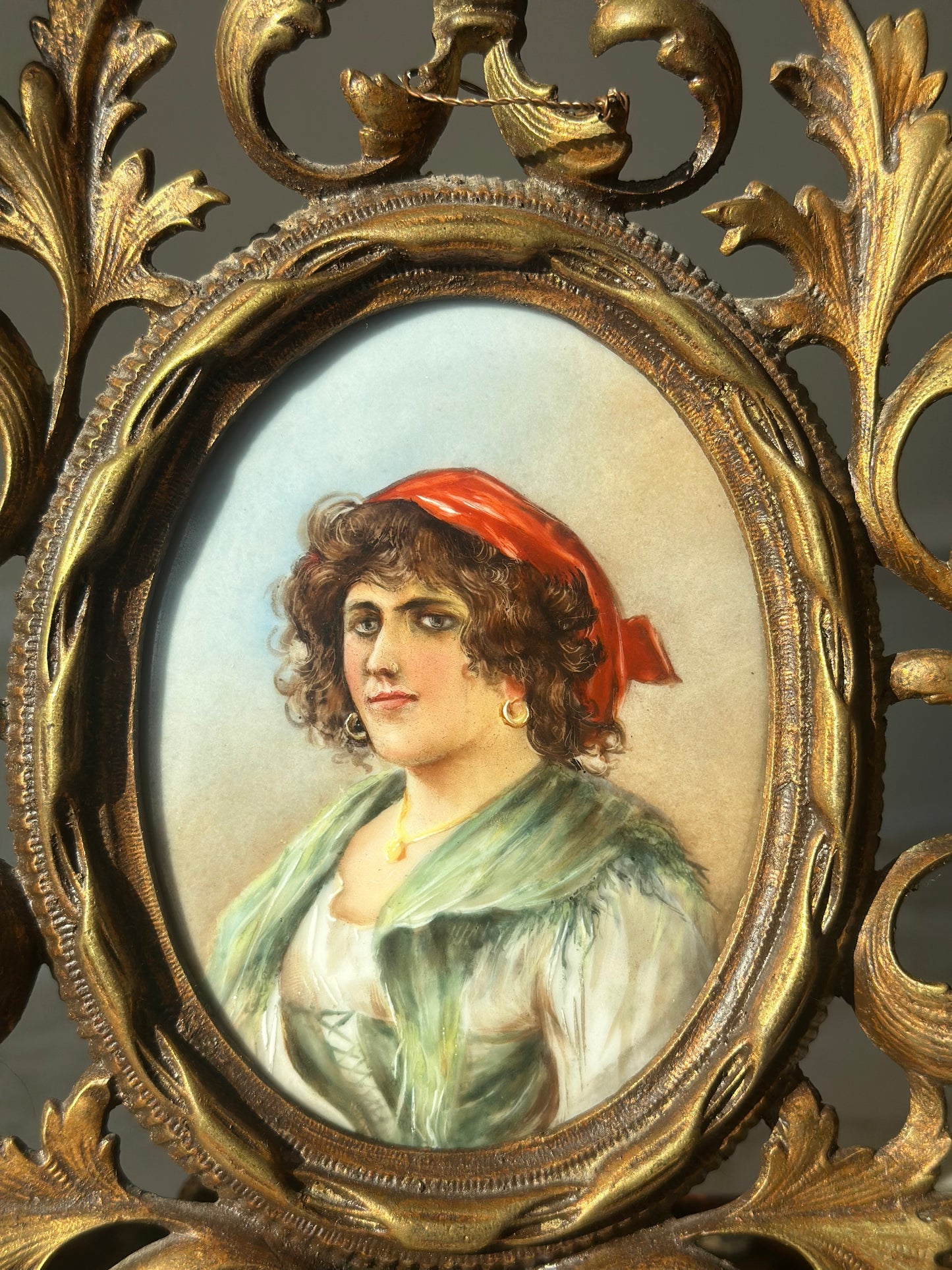 Antique Brass Easel Frame with Hand-Painted Portrait