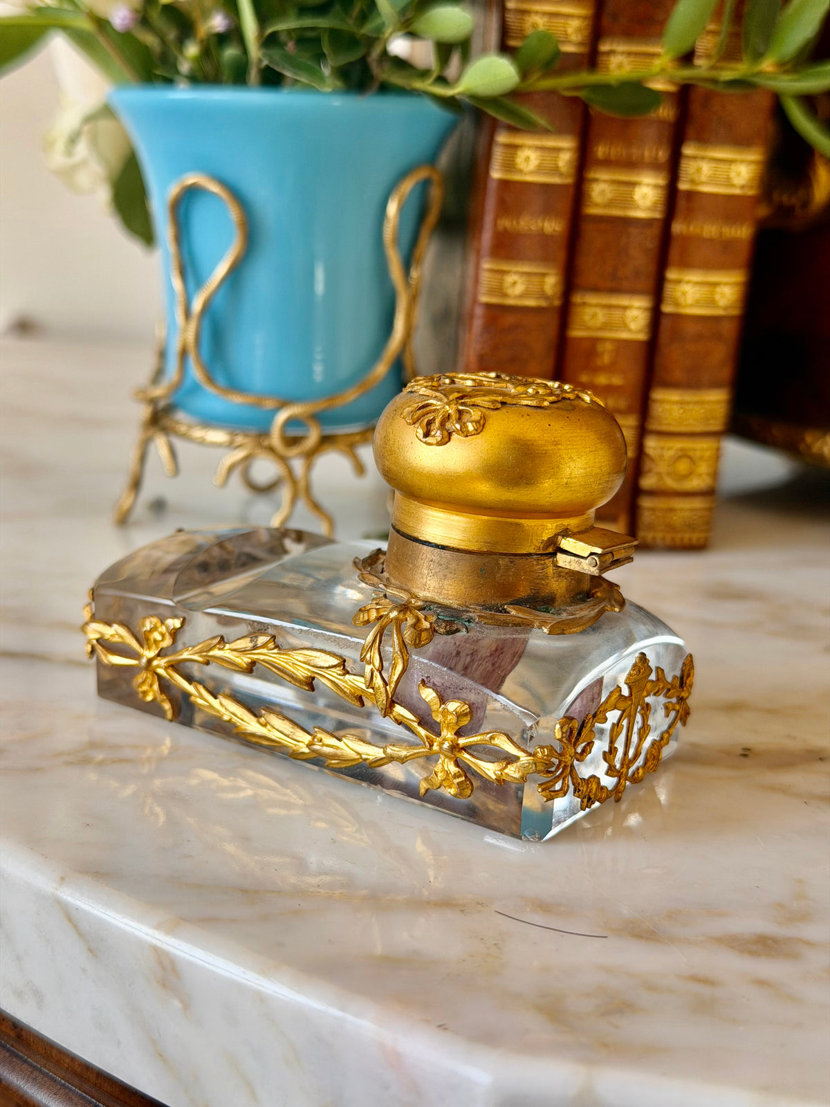 Crystal & Gilt Bronze Inkwell with Quill Rest