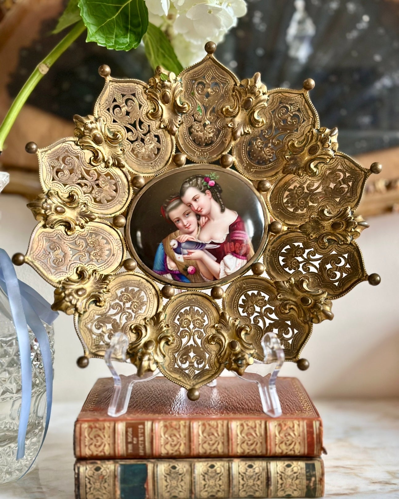 Antique Hand-Painted Porcelain Plaque in Gilt Brass Frame