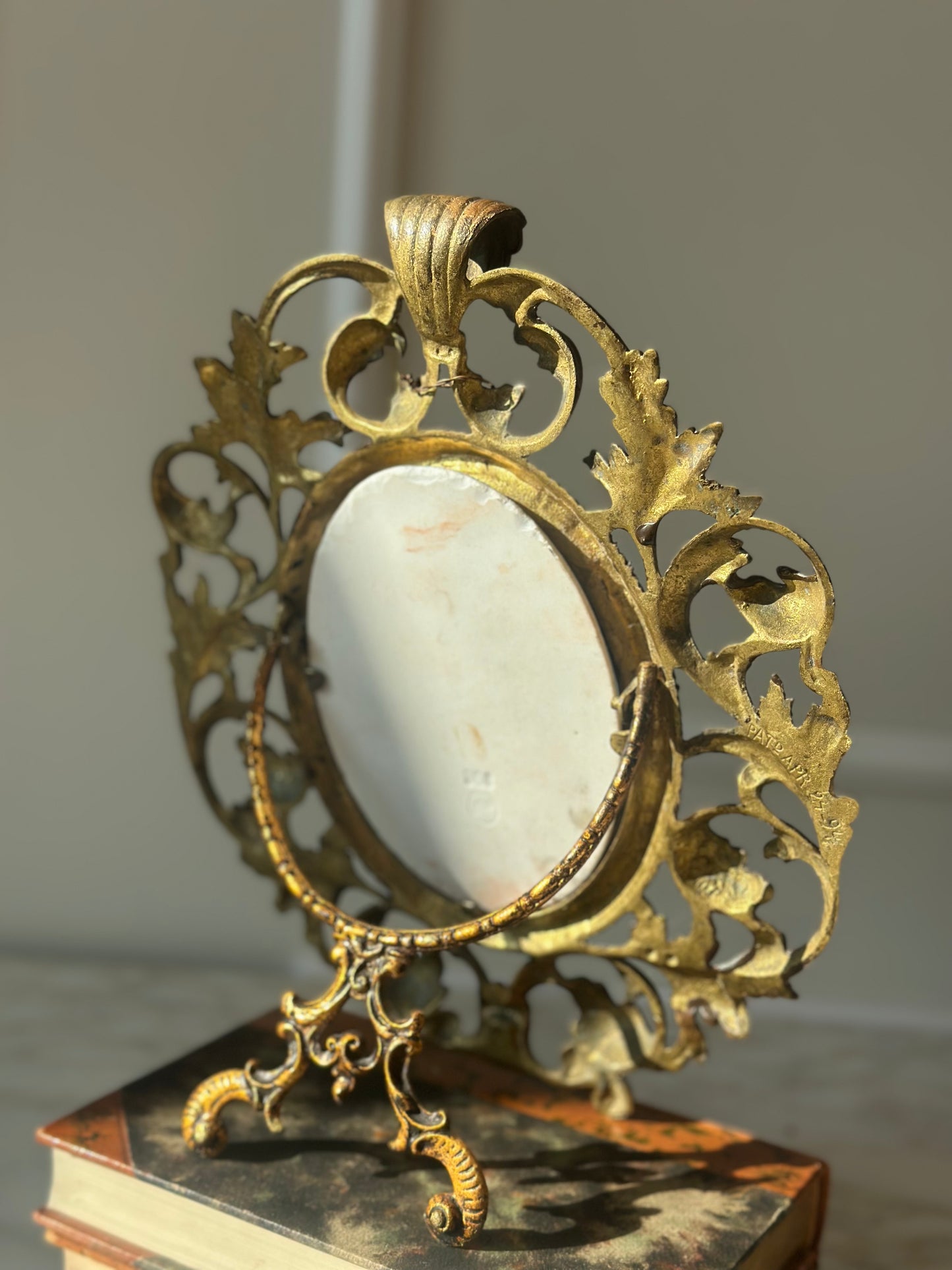 Antique Brass Easel Frame with Hand-Painted Portrait