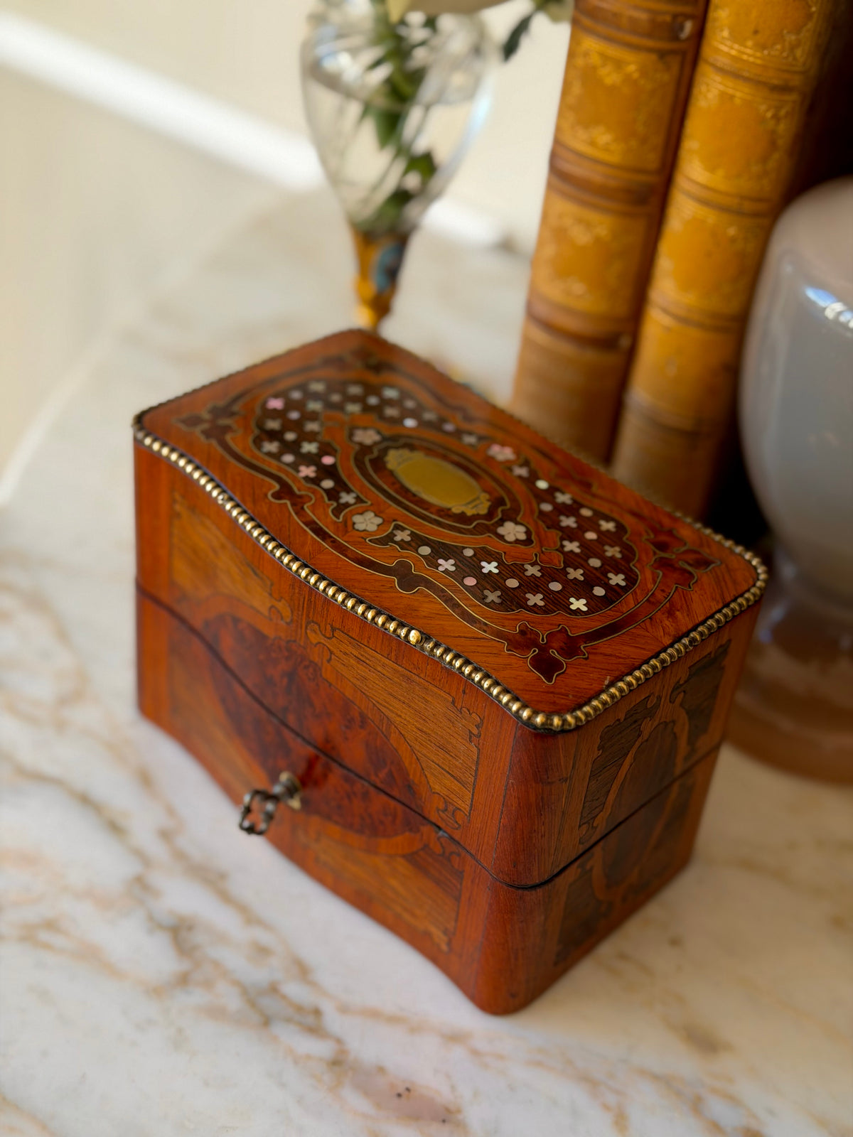 Marquetry Scent Casket with Crystal Bottles & Working Key