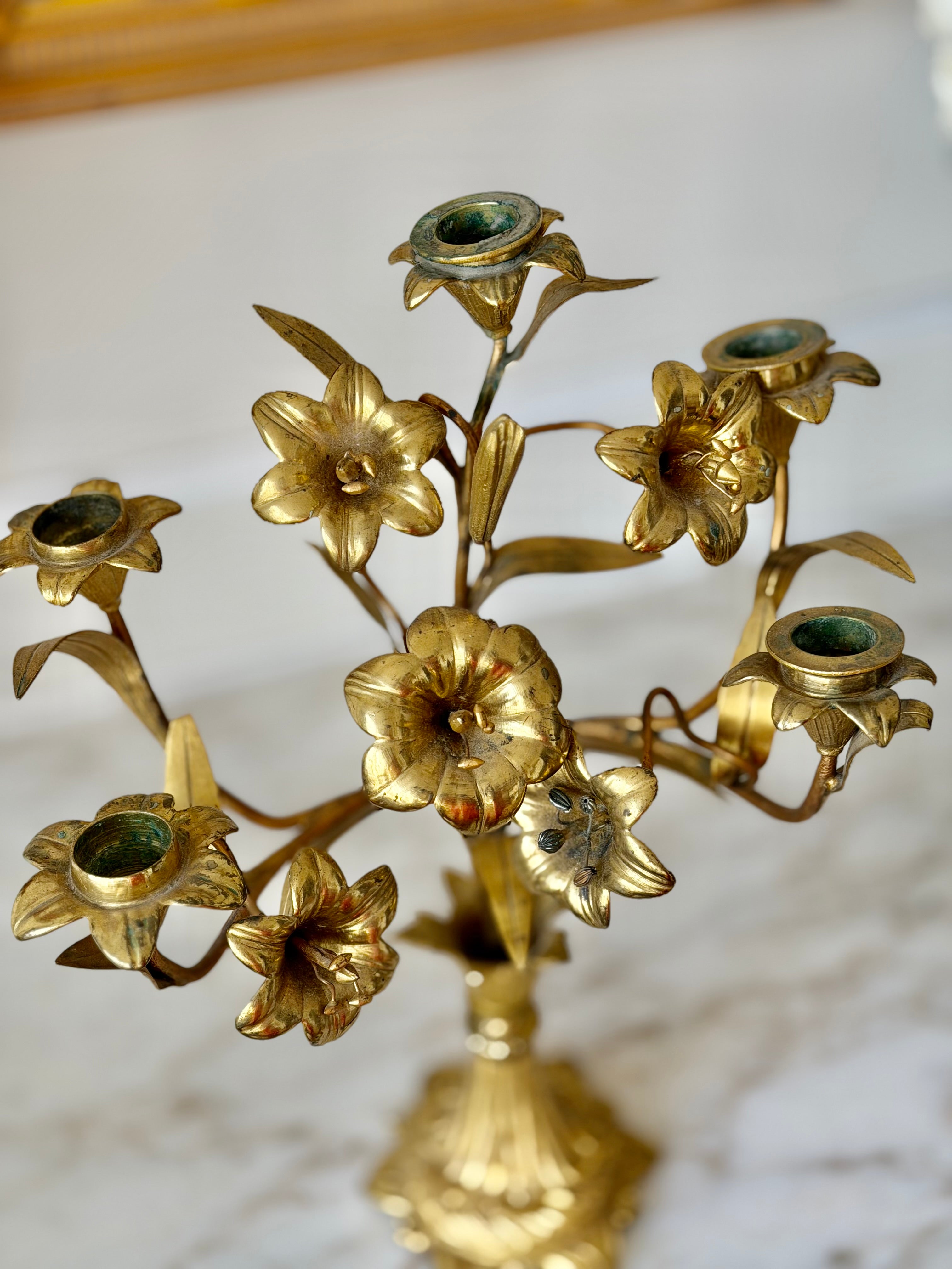 Pair of French Gilt Brass Floral Candelabras