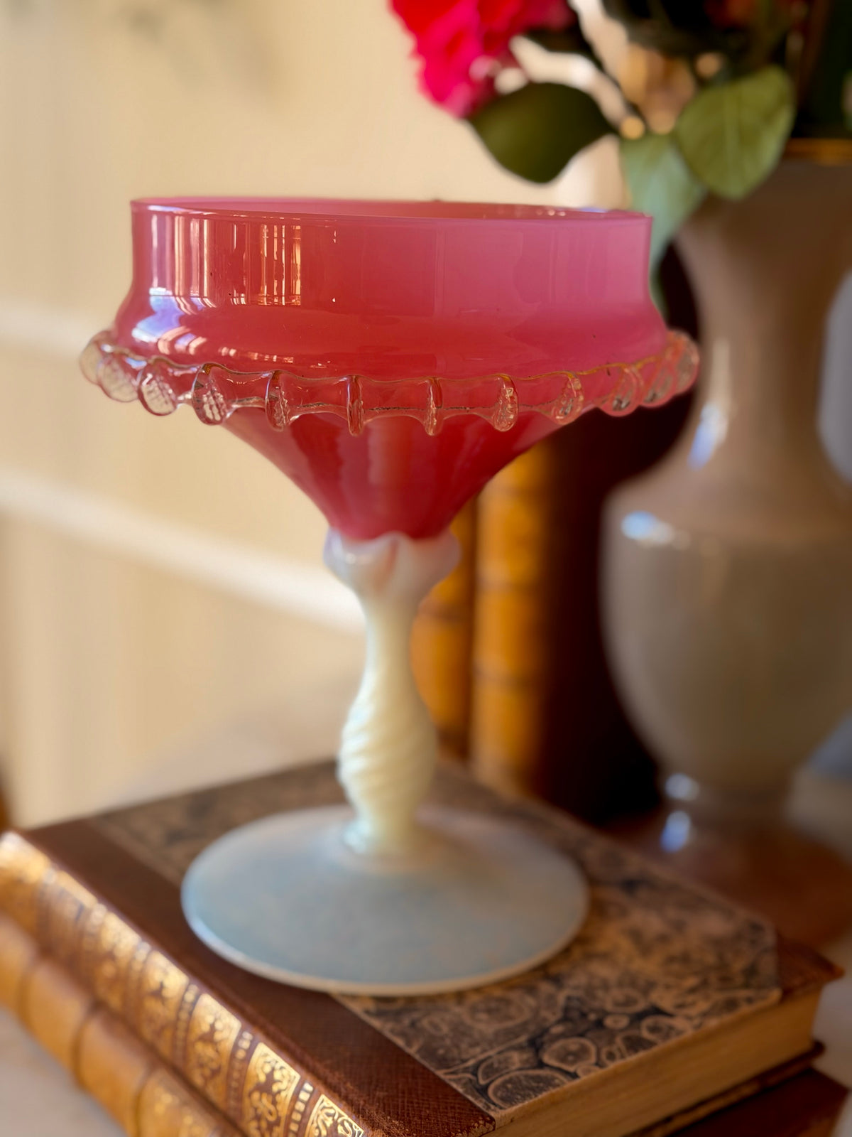 Encased Empoli Glass & Opaline Compote with Ruffled Rim