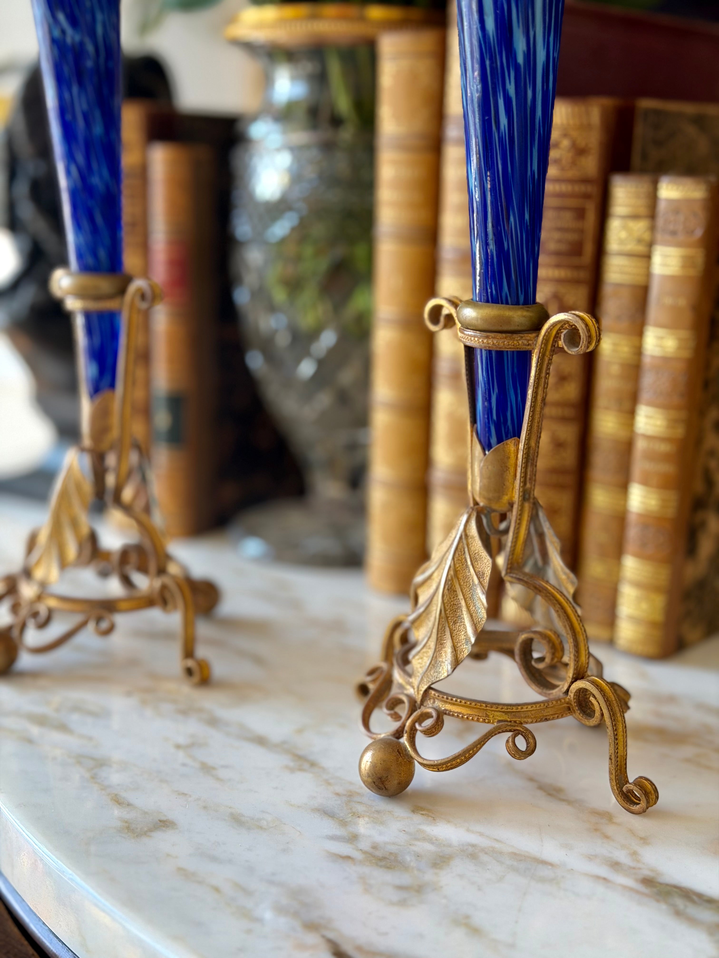 Blue Art Glass Trumpet Vases in Gilt Stands (Pair)