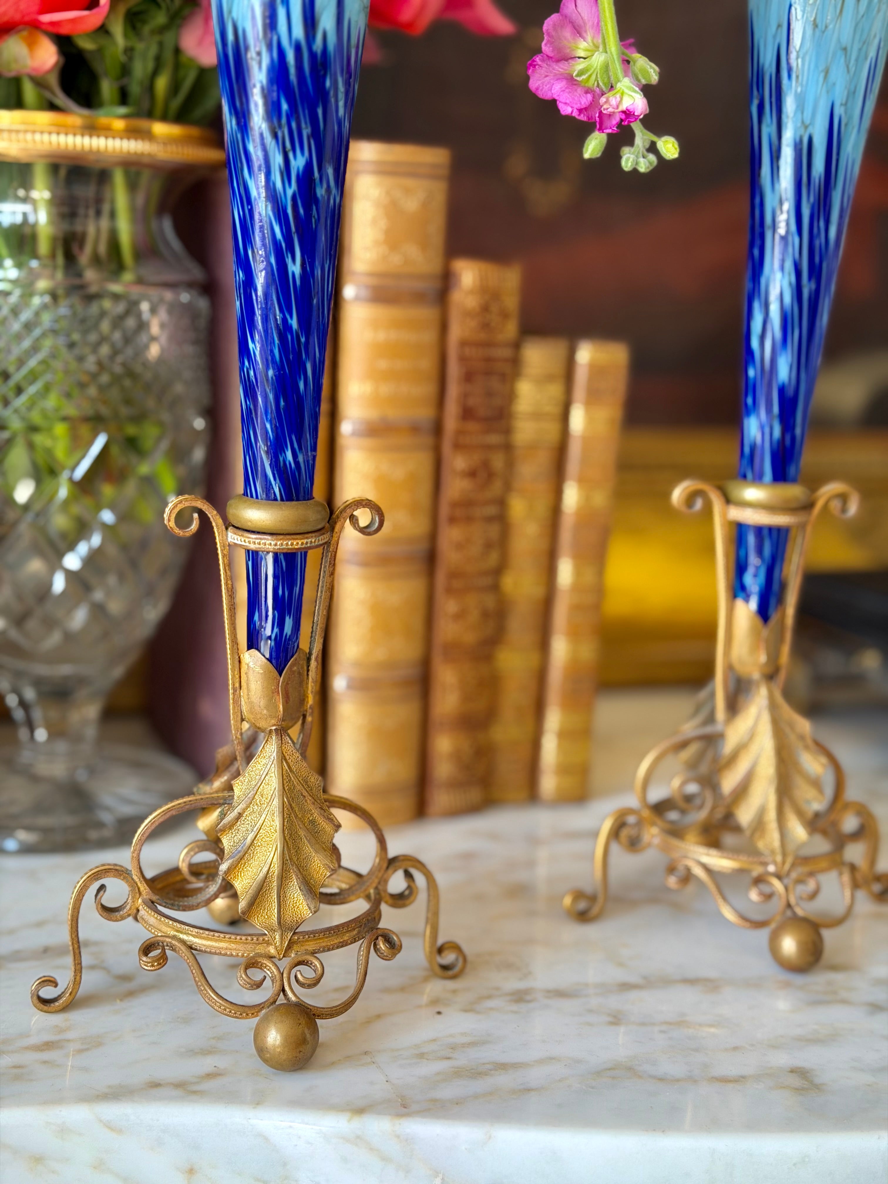 Blue Art Glass Trumpet Vases in Gilt Stands (Pair)