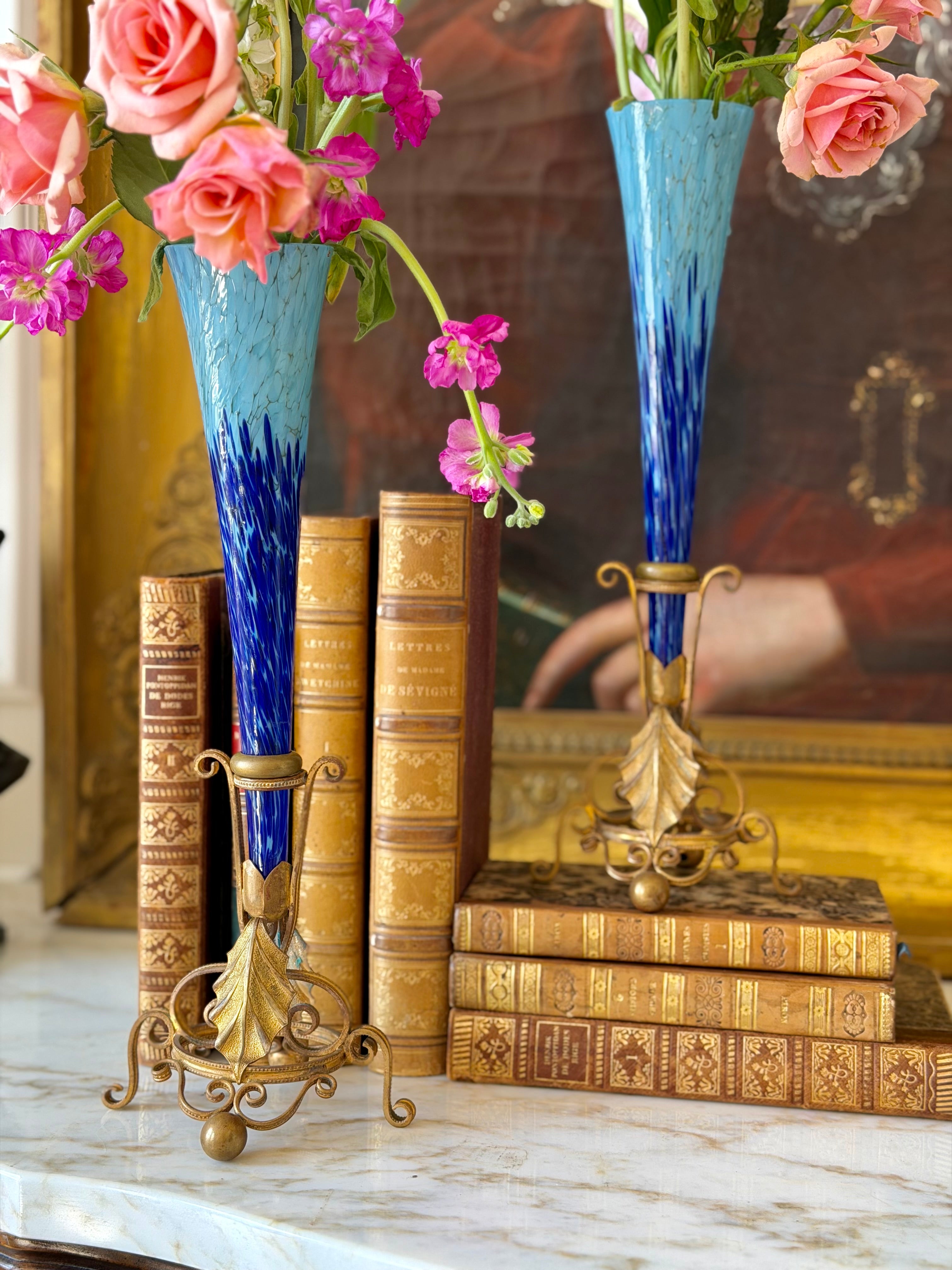Blue Art Glass Trumpet Vases in Gilt Stands (Pair)