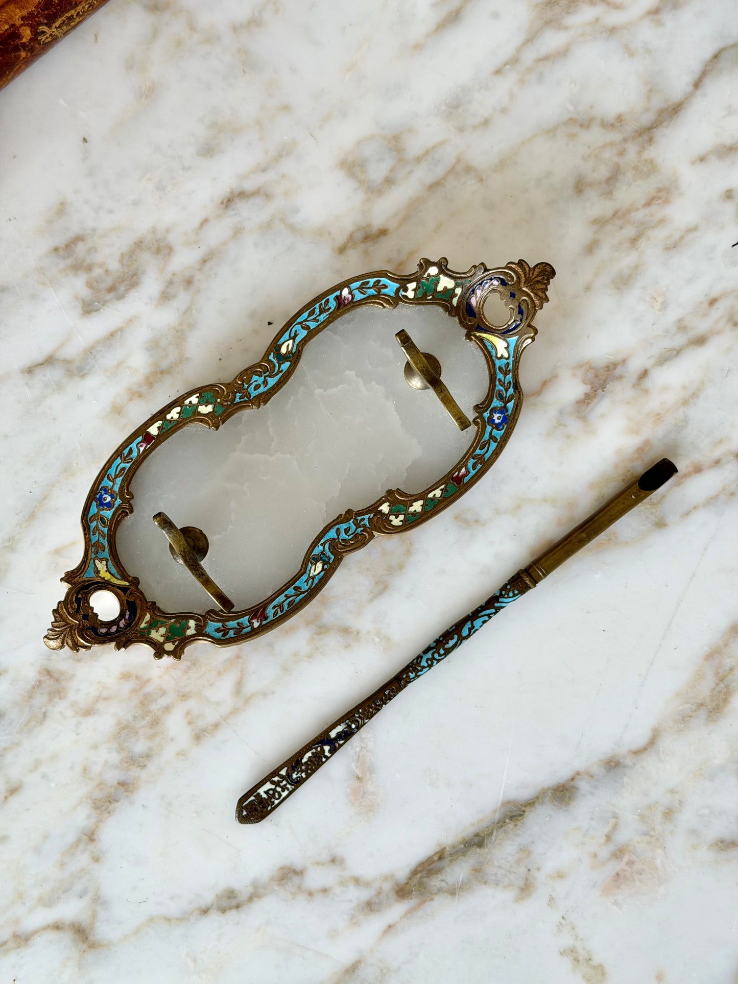 Champlevé and onyx quill stand
