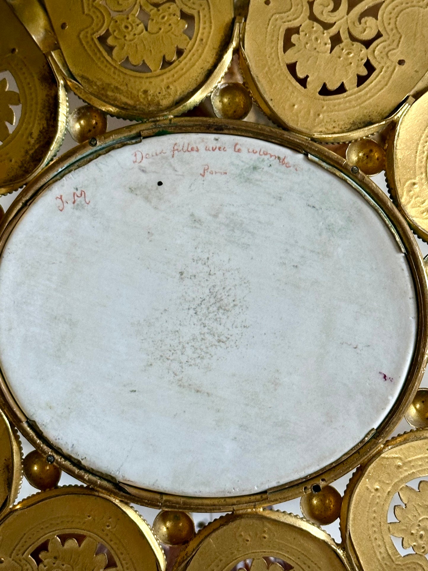 Antique Hand-Painted Porcelain Plaque in Gilt Brass Frame