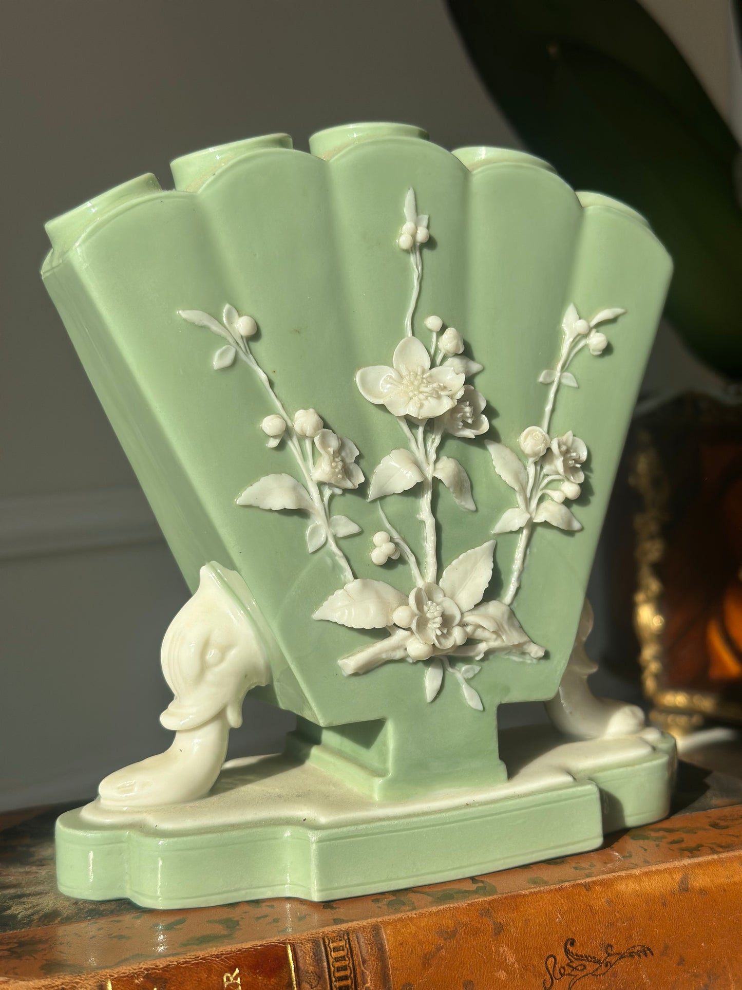 Antique Minton Green Relief Finger Vase