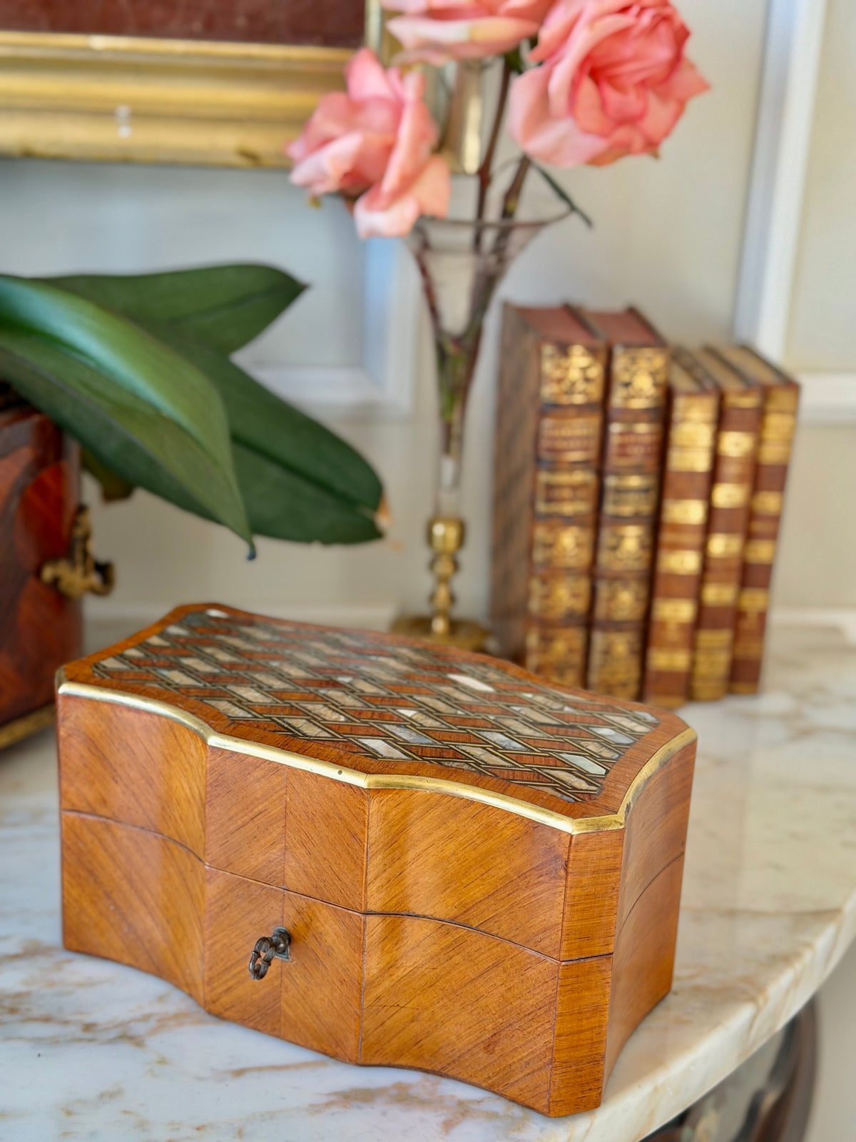 Marquetry Scent Casket with Mother-of-Pearl Inlay & Crystal Bottles