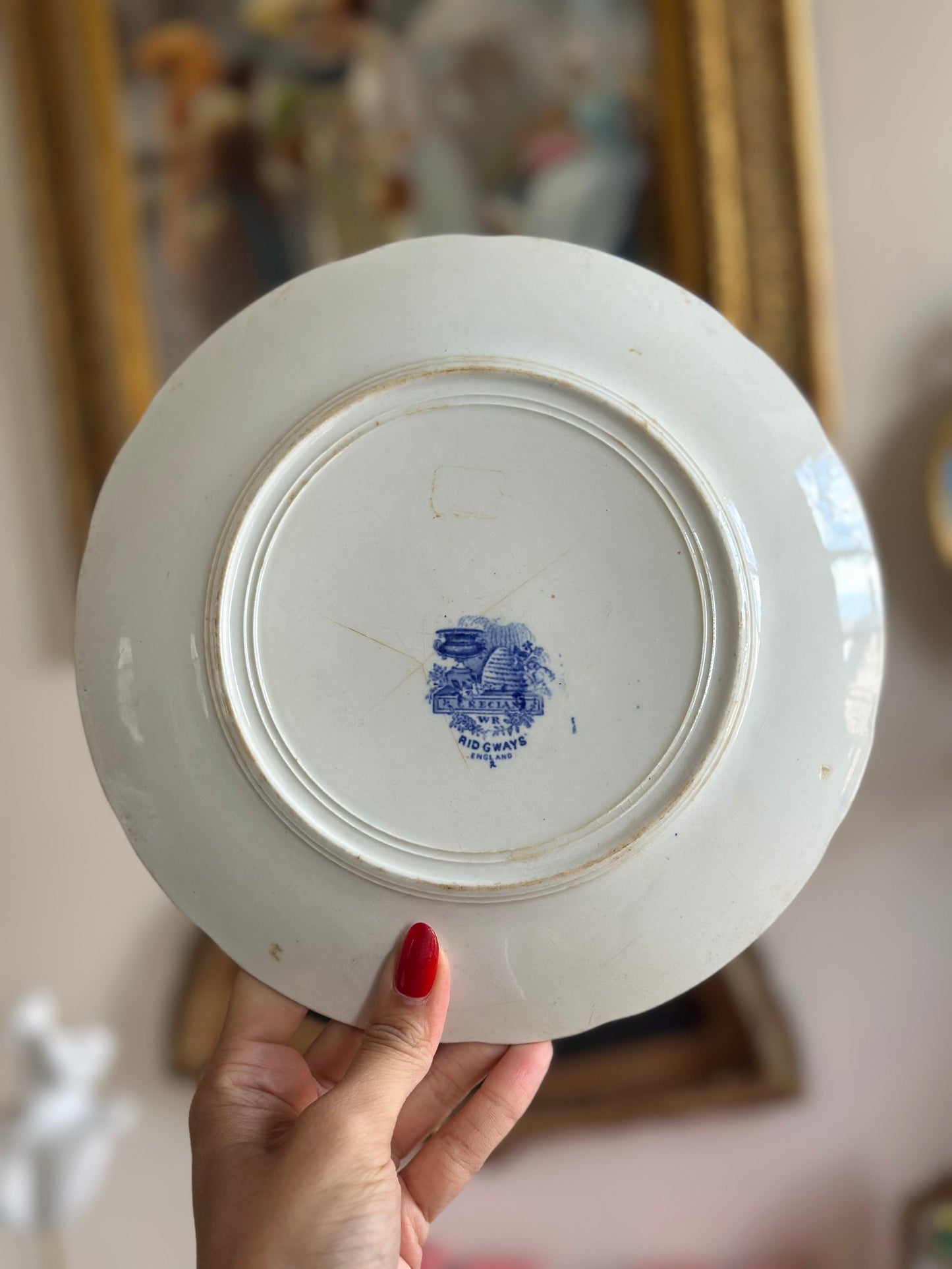 Antique Blue & White Transferware Plate – “The Temple” by Ridgways, England