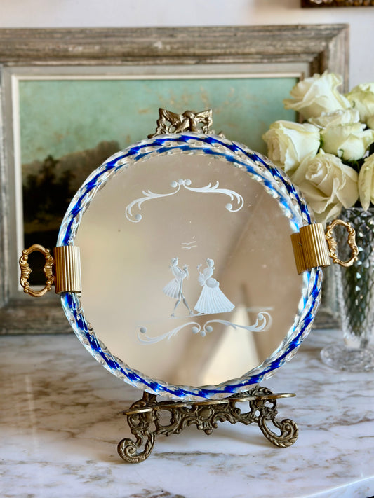 Italian Murano Glass Tray with Etched Dancing Couple