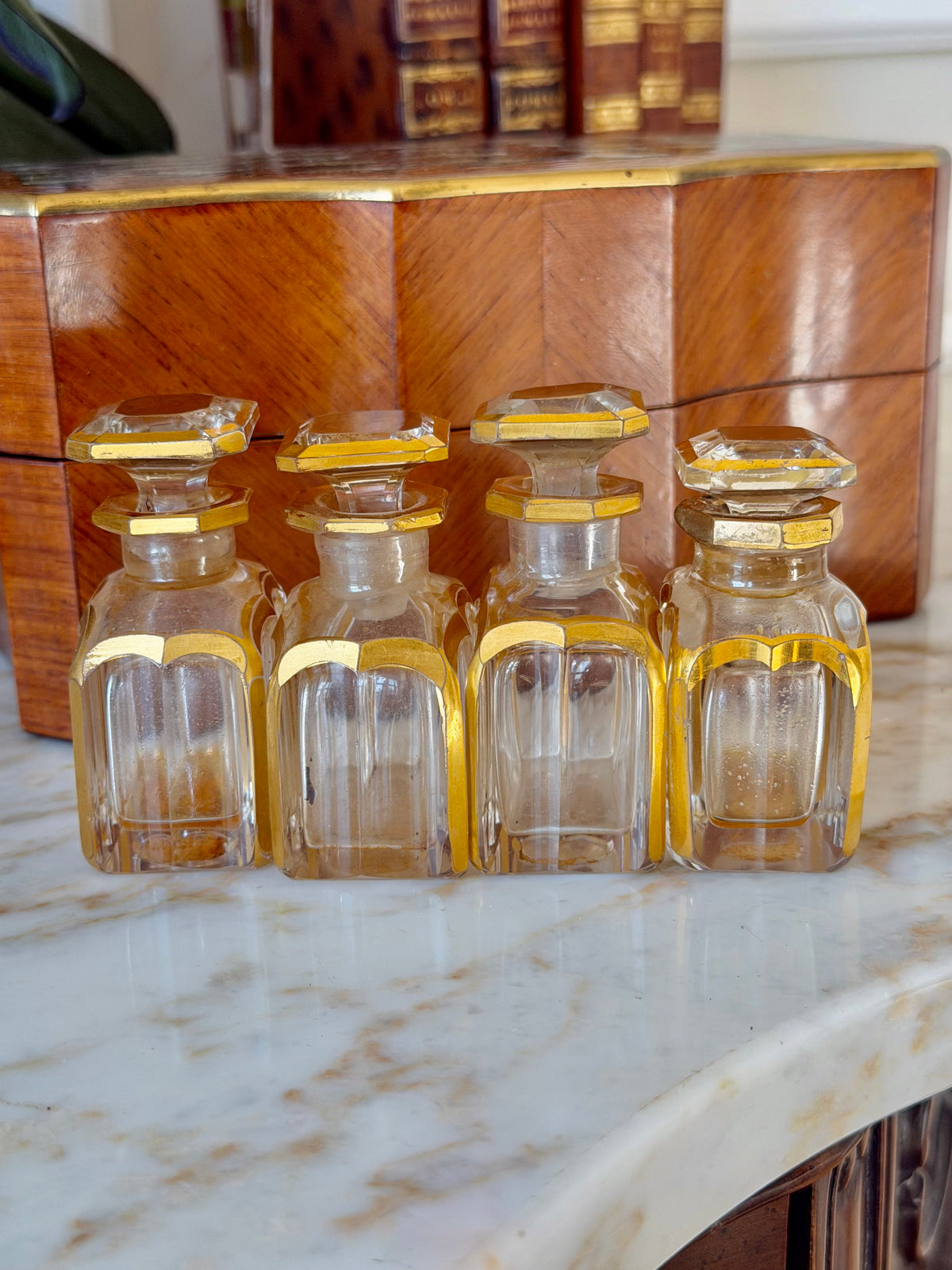Marquetry Scent Casket with Mother-of-Pearl Inlay & Crystal Bottles