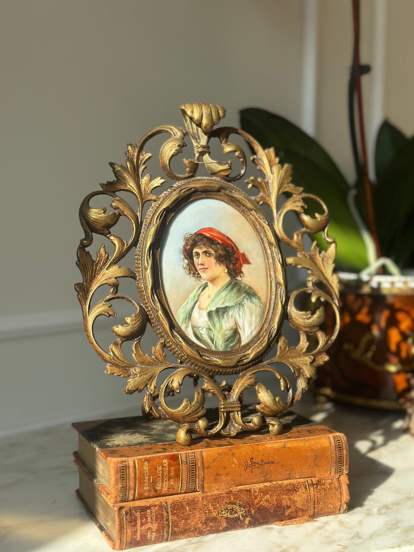 Antique Brass Easel Frame with Hand-Painted Portrait