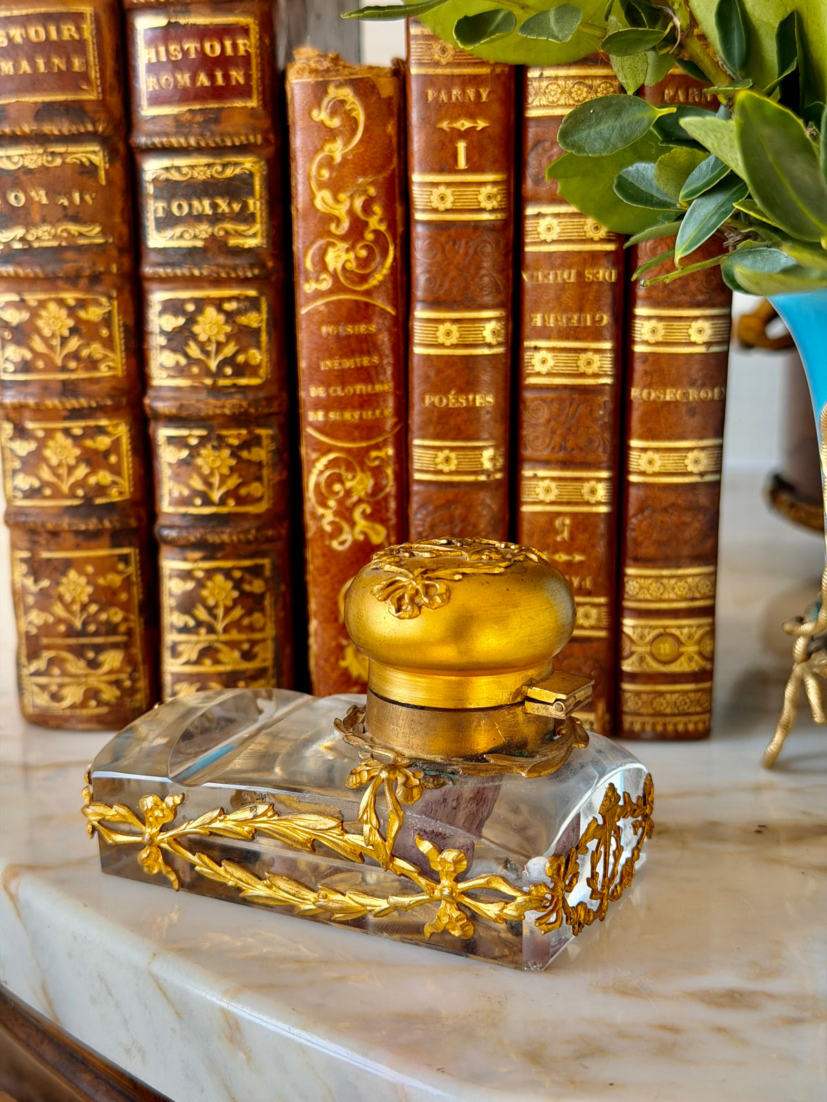 Crystal & Gilt Bronze Inkwell with Quill Rest