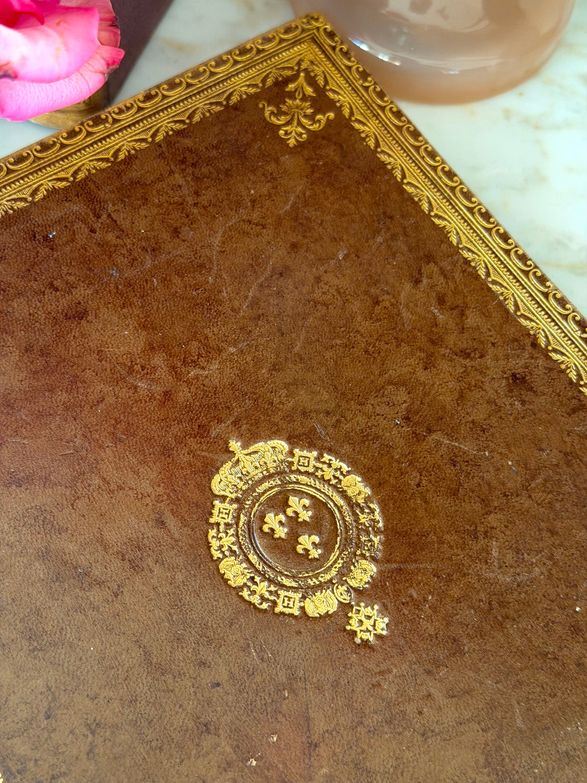 Leather Writing Desk Blotter Folder with Gilt Crest & Border