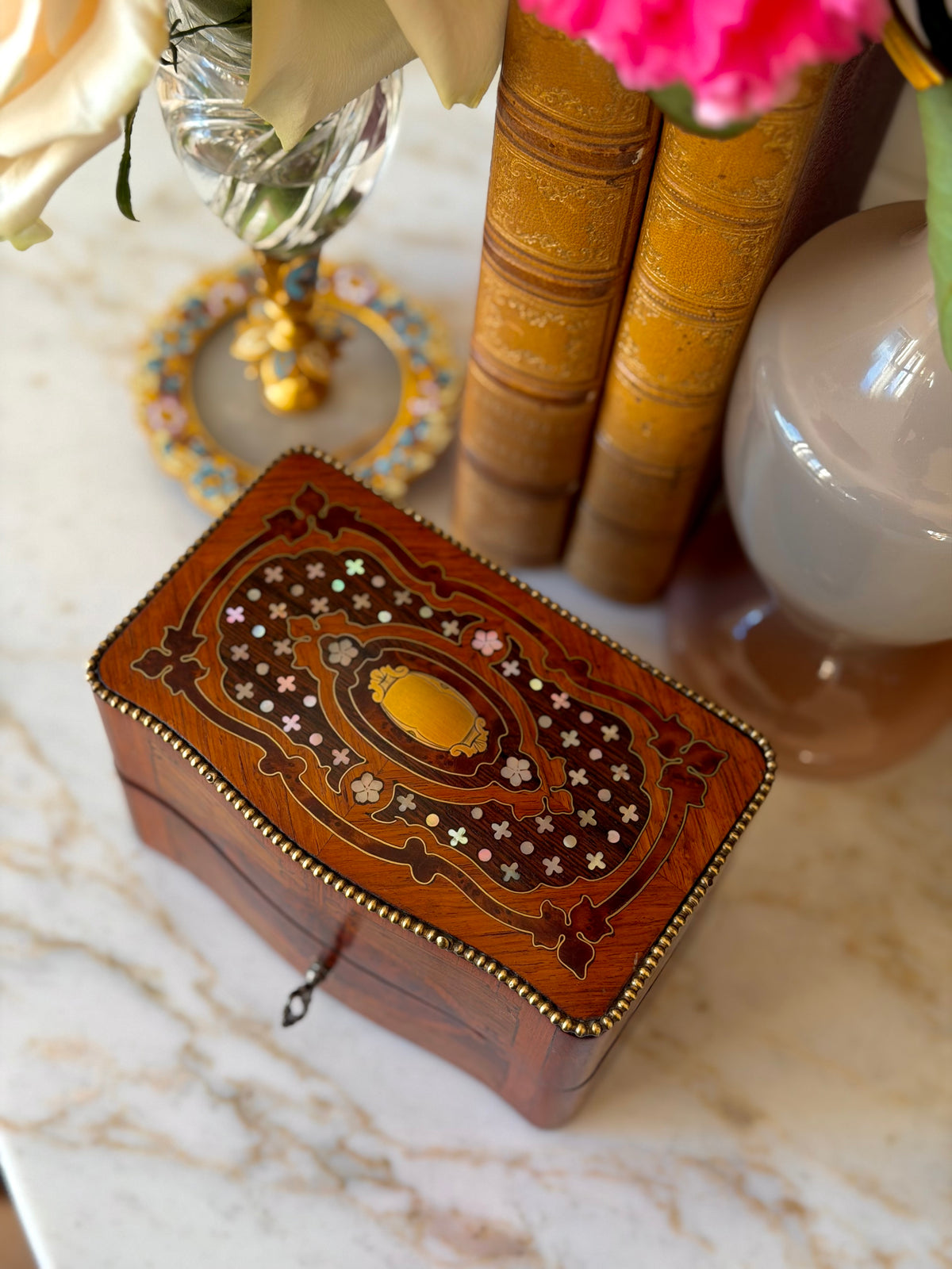 Marquetry Scent Casket with Crystal Bottles & Working Key