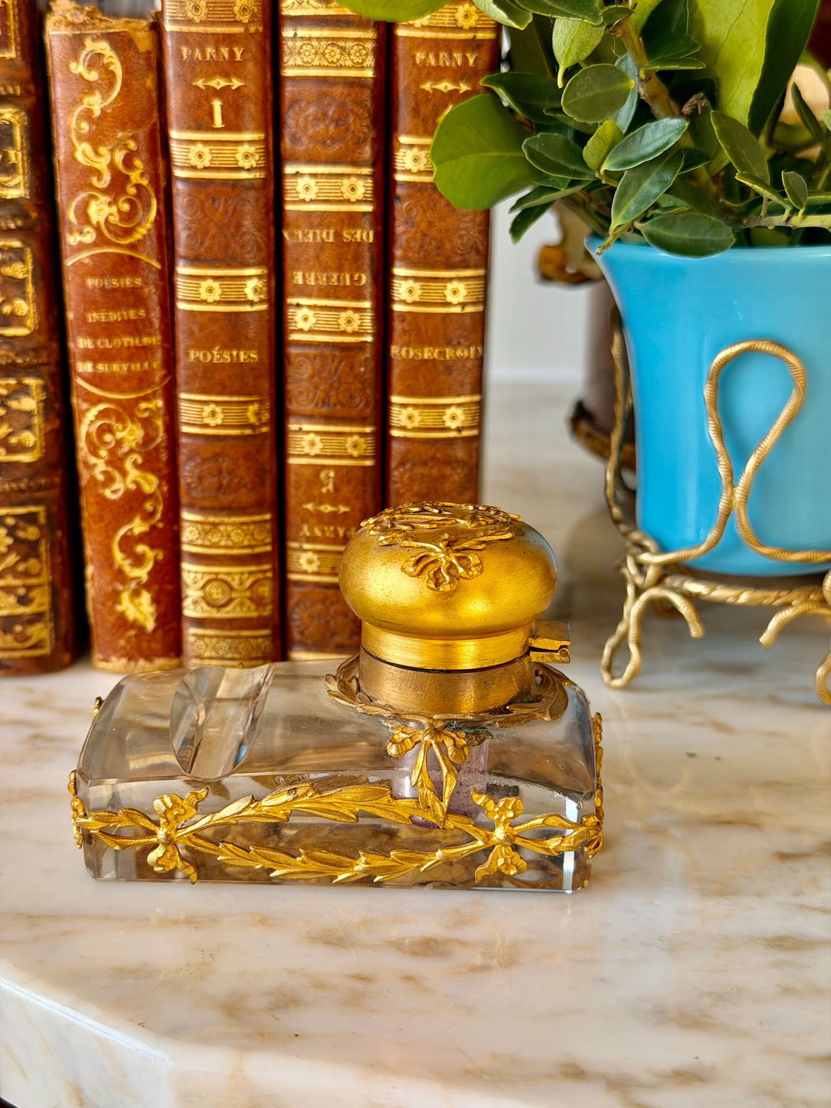 Crystal & Gilt Bronze Inkwell with Quill Rest
