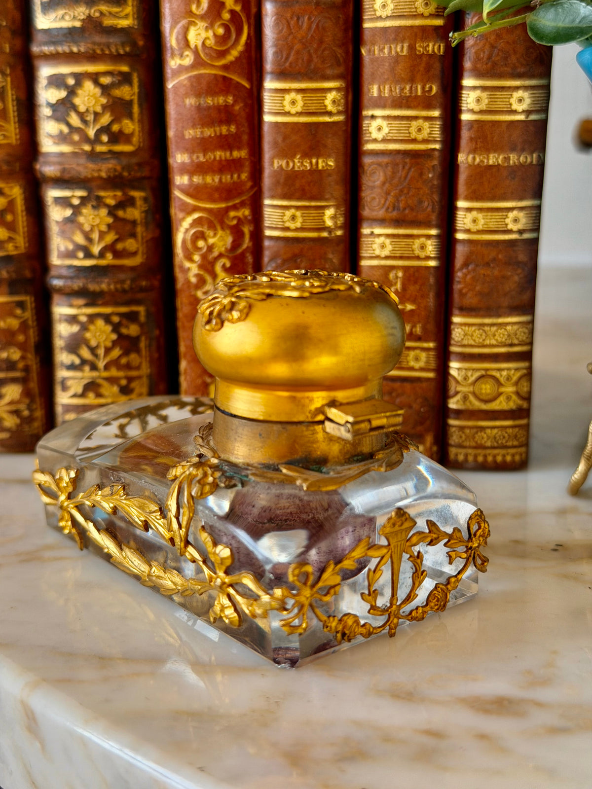 Crystal & Gilt Bronze Inkwell with Quill Rest