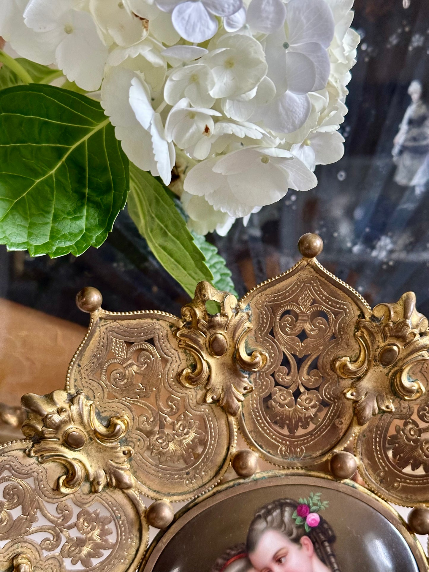 Antique Hand-Painted Porcelain Plaque in Gilt Brass Frame