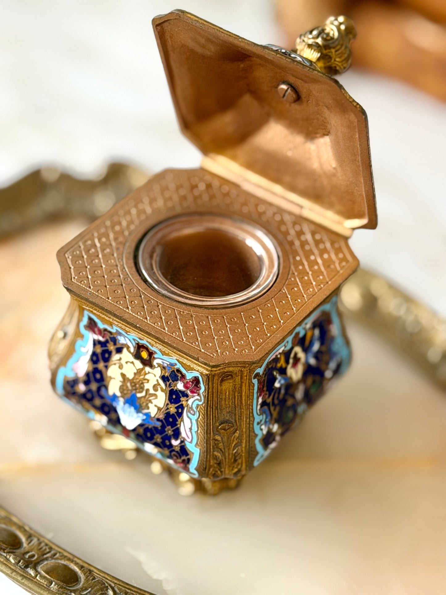 Gilt bronze, champlevé, and onyx inkwell