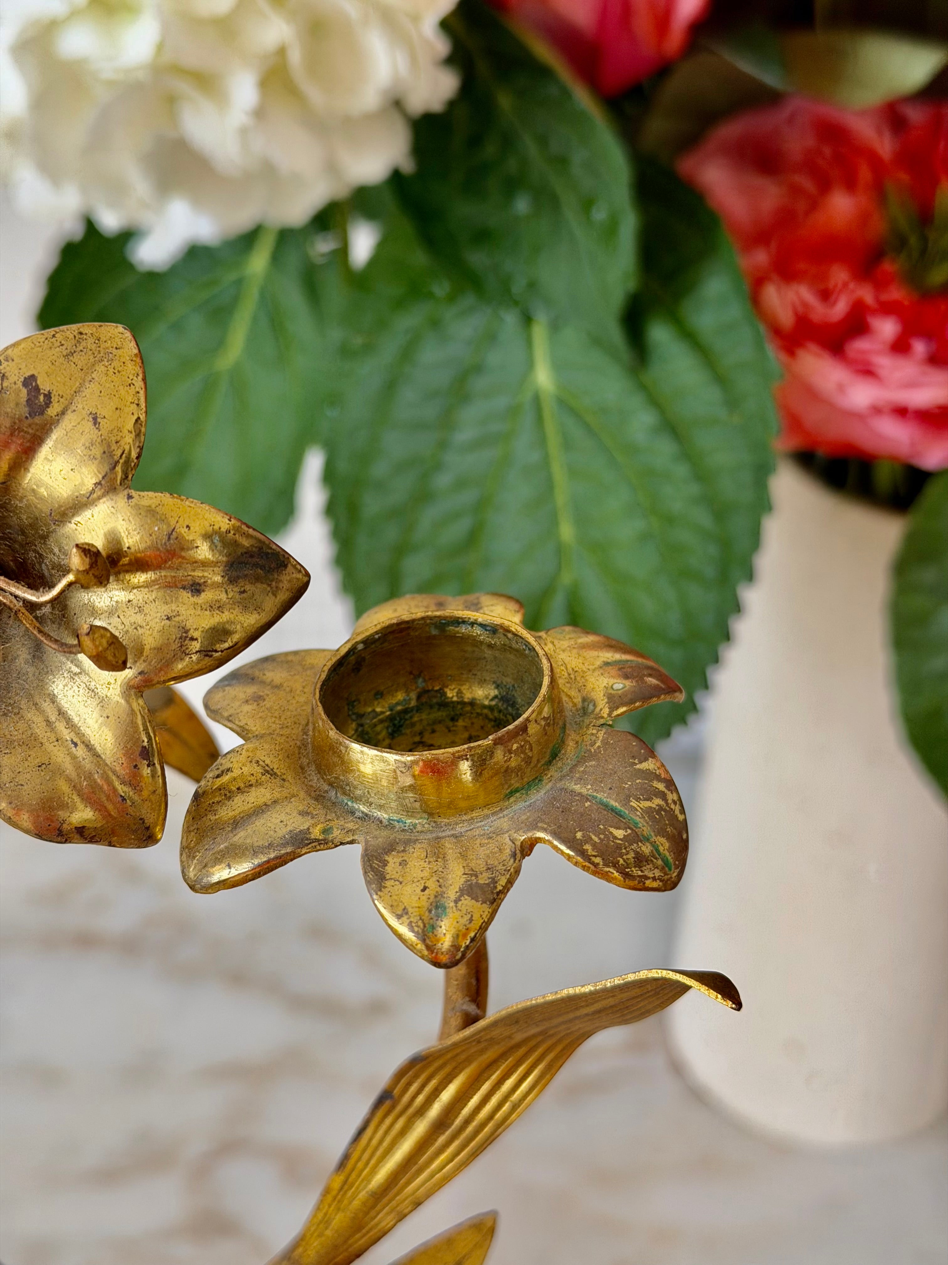 Pair of French Gilt Brass Floral Candelabras