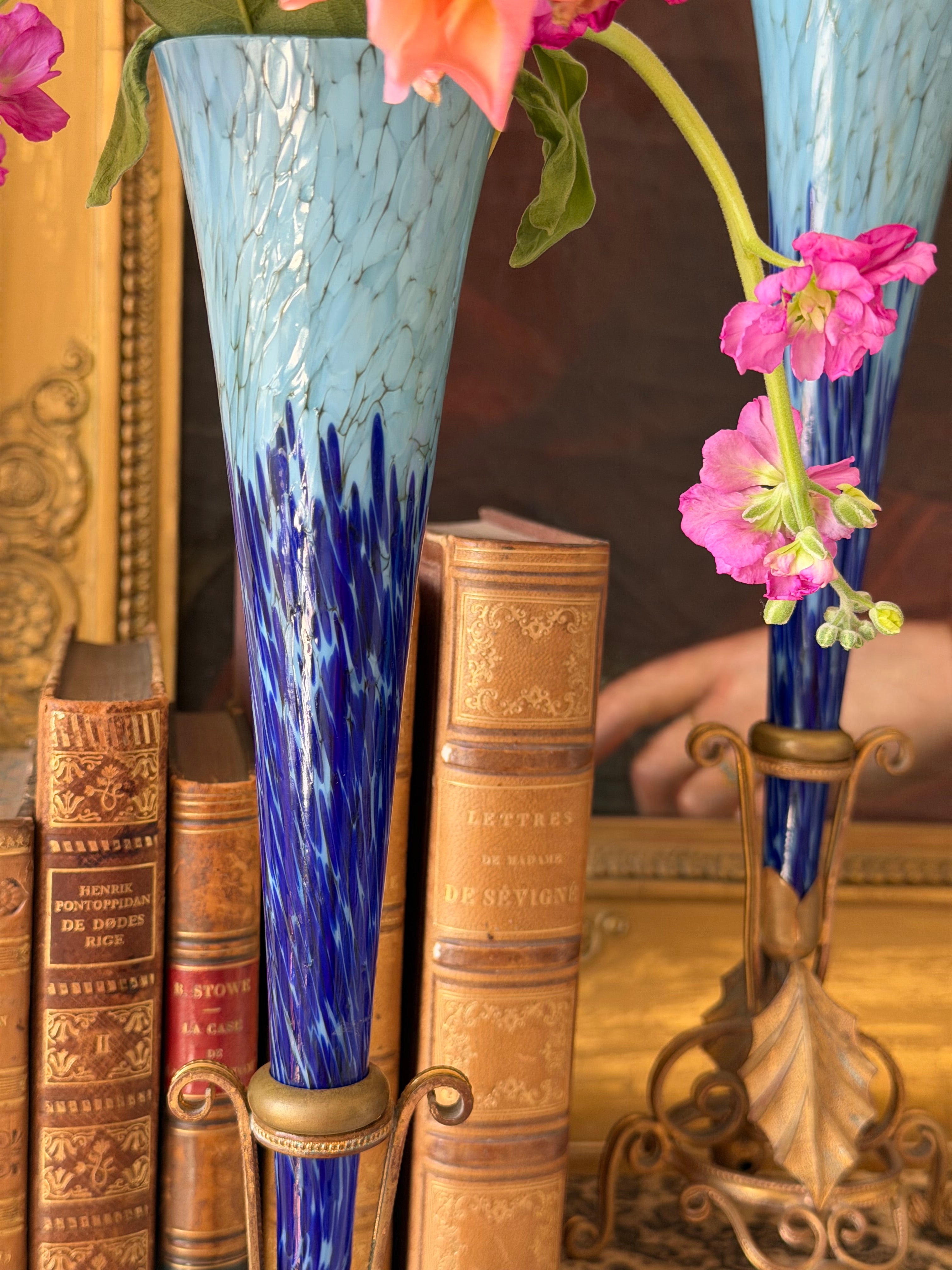Blue Art Glass Trumpet Vases in Gilt Stands (Pair)