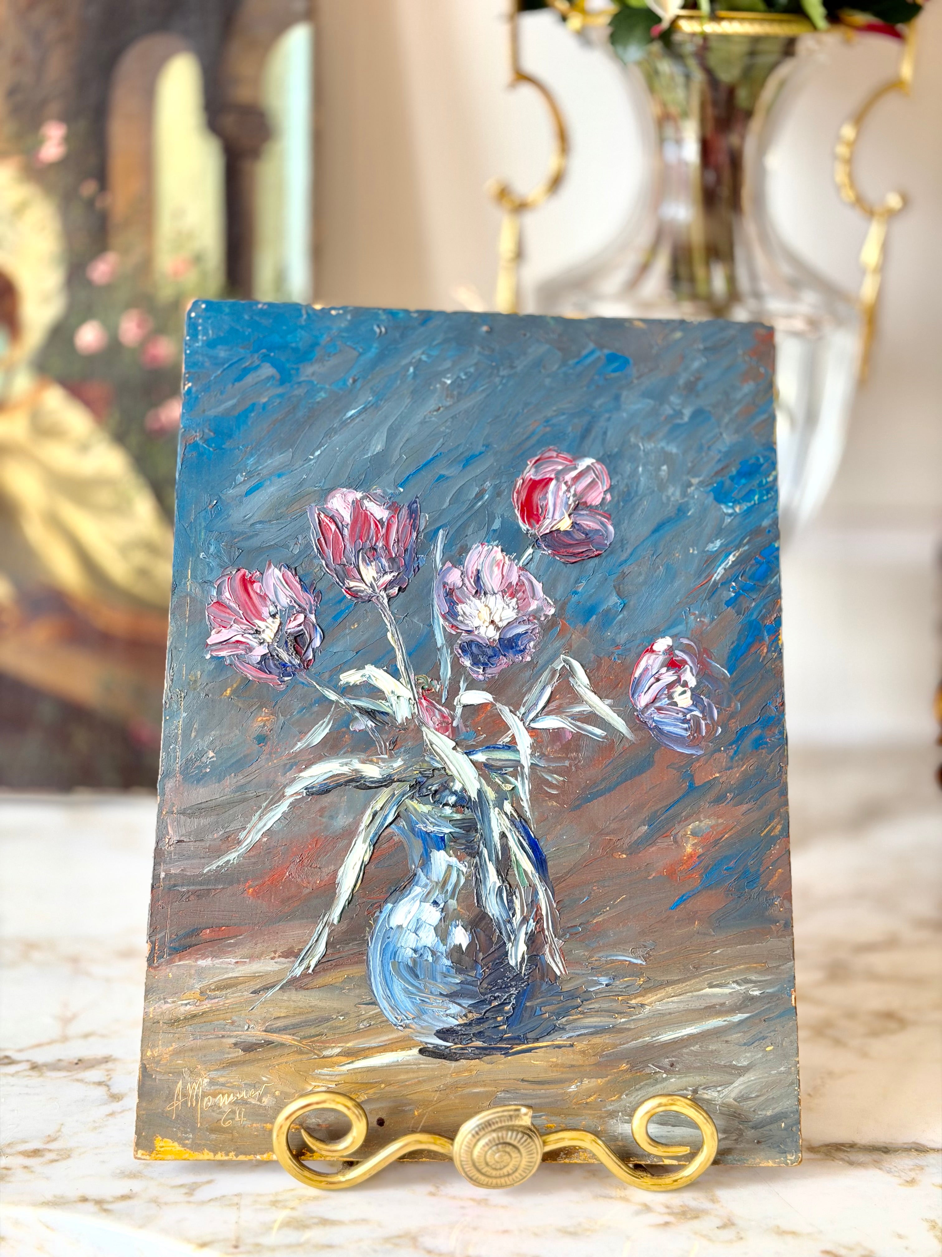 Mid-20th Century Palette Knife Floral Still Life, Oil on Board