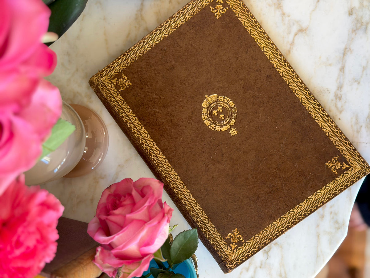 Leather Writing Desk Blotter Folder with Gilt Crest & Border