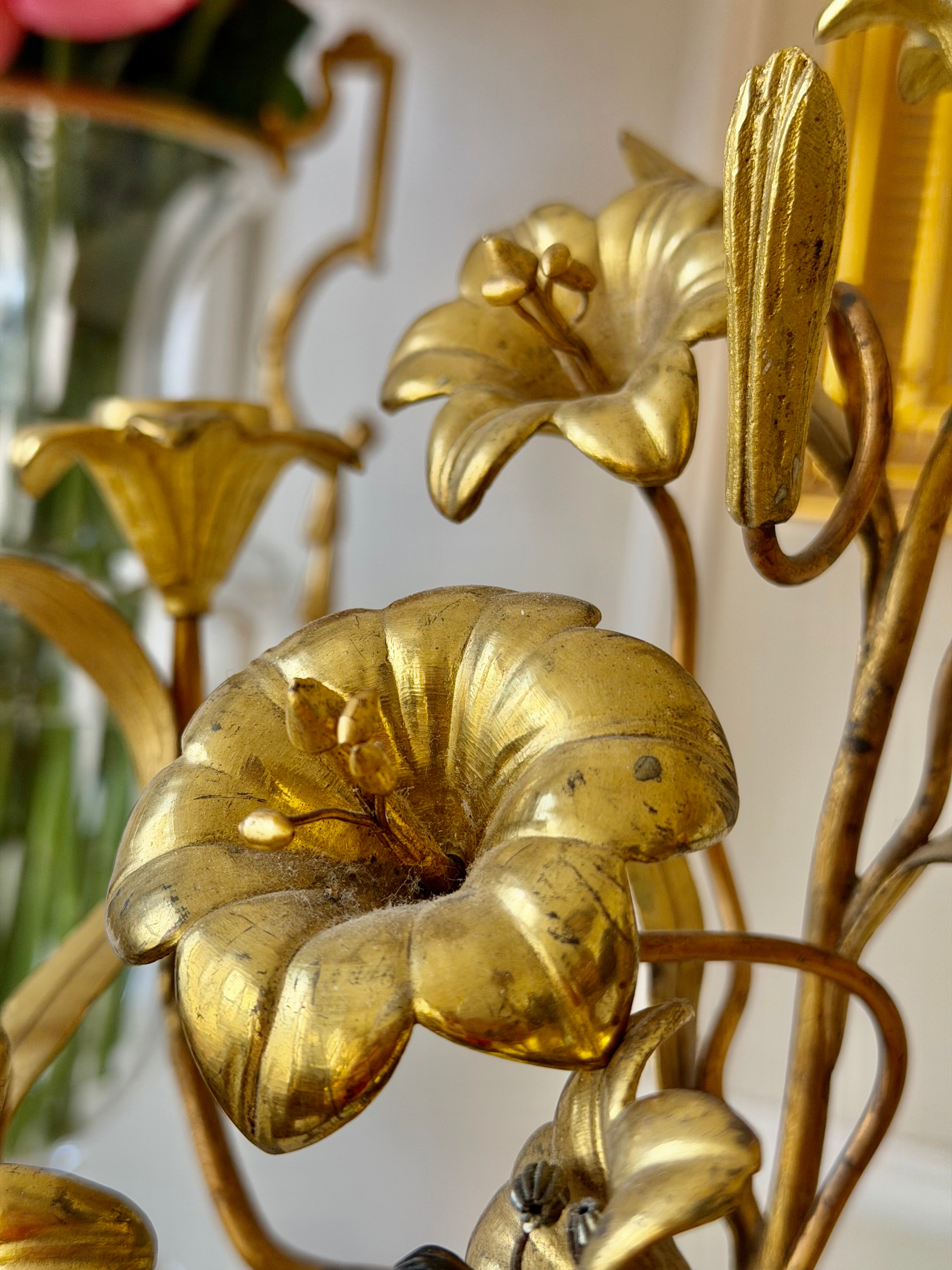 Pair of French Gilt Brass Floral Candelabras