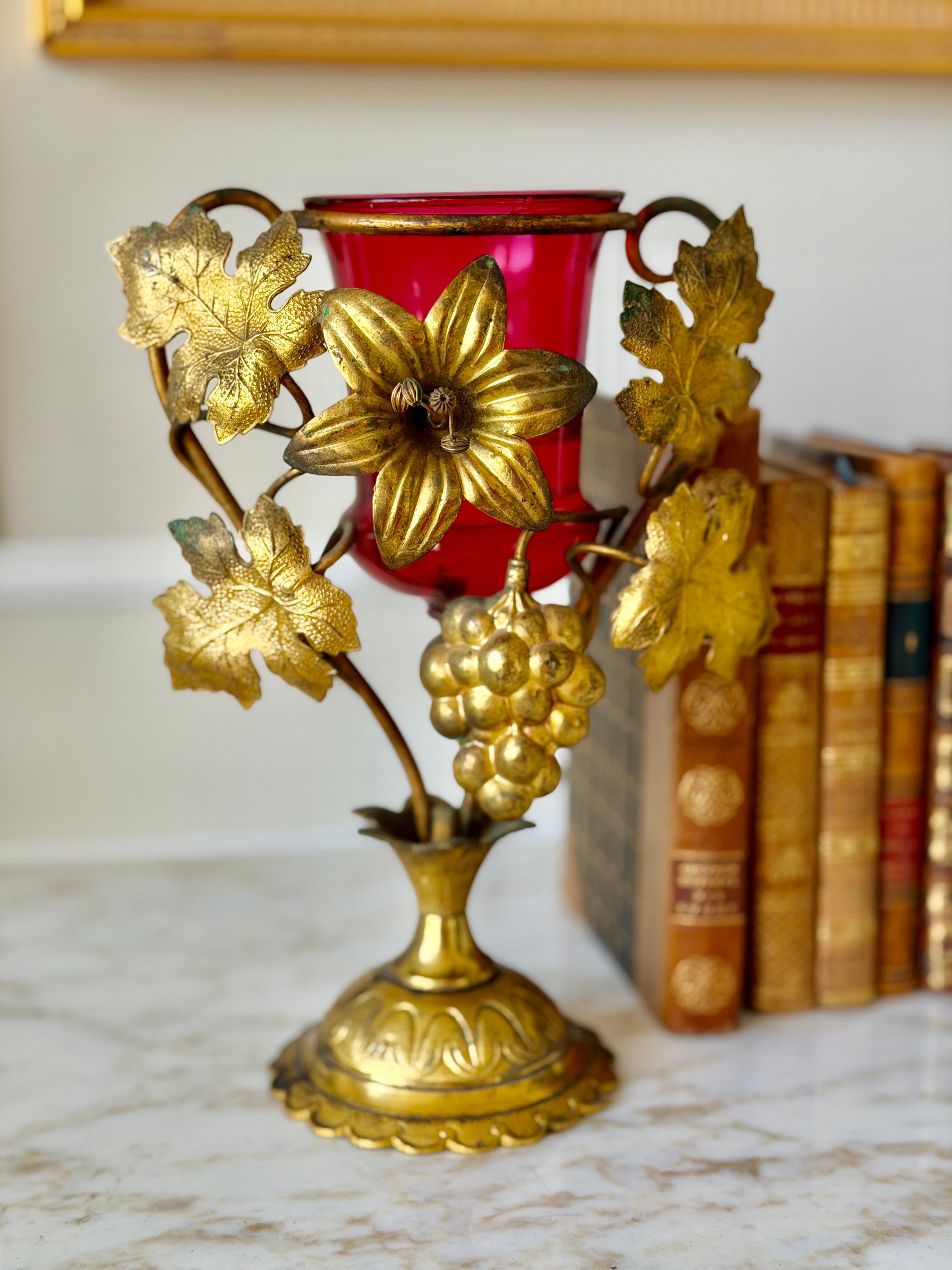 French Gilt Bronze Floral & Cranberry Glass Vase