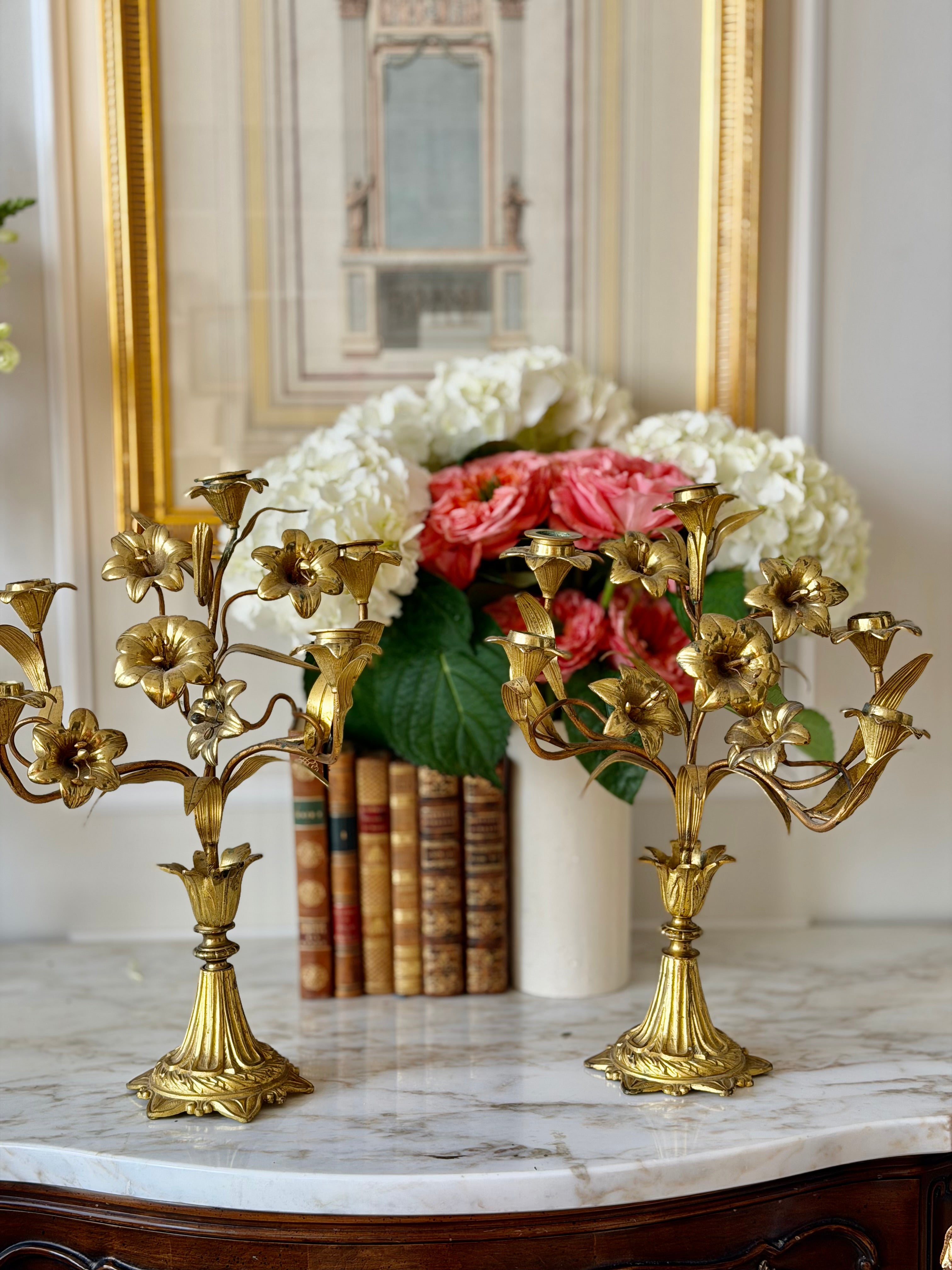 Pair of French Gilt Brass Floral Candelabras