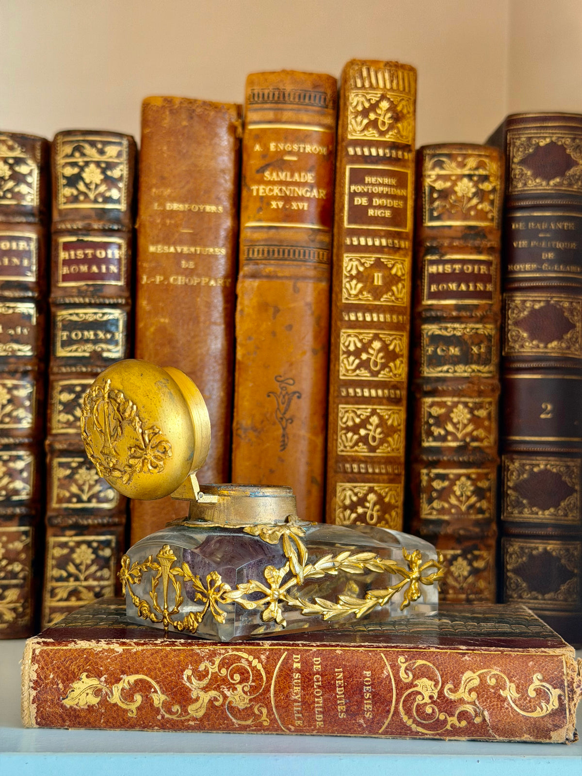 Crystal & Gilt Bronze Inkwell with Quill Rest