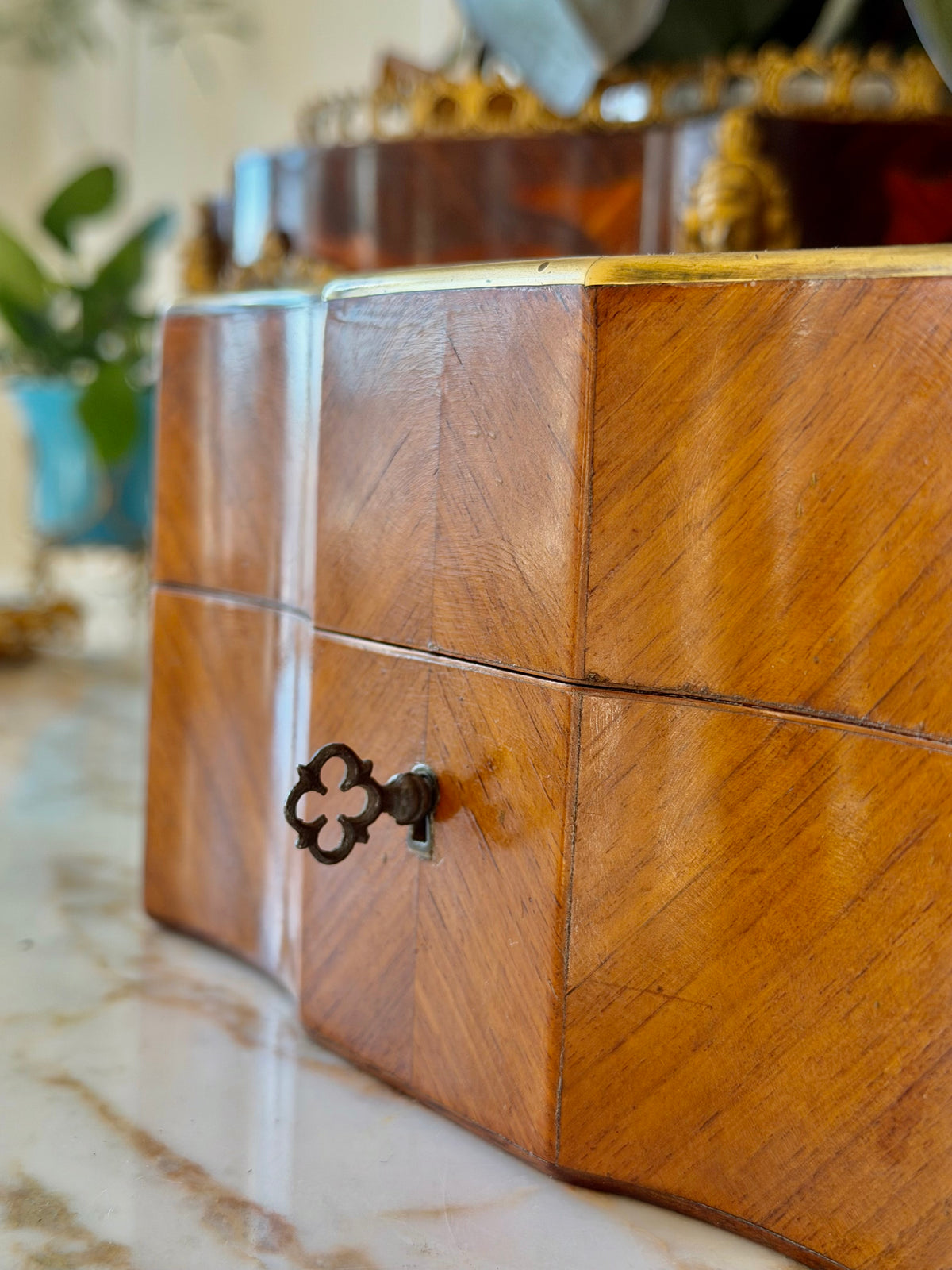 Marquetry Scent Casket with Mother-of-Pearl Inlay & Crystal Bottles
