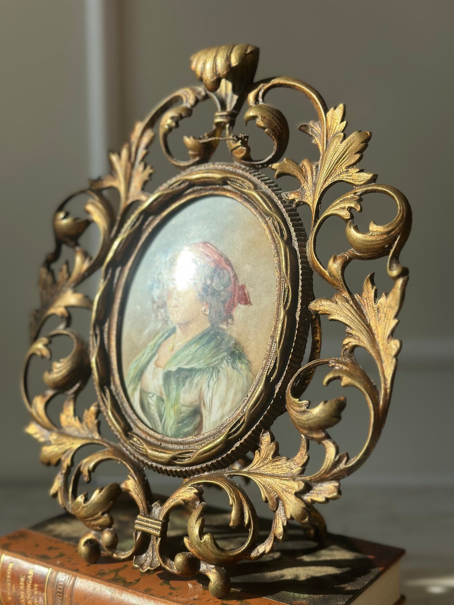 Antique Brass Easel Frame with Hand-Painted Portrait