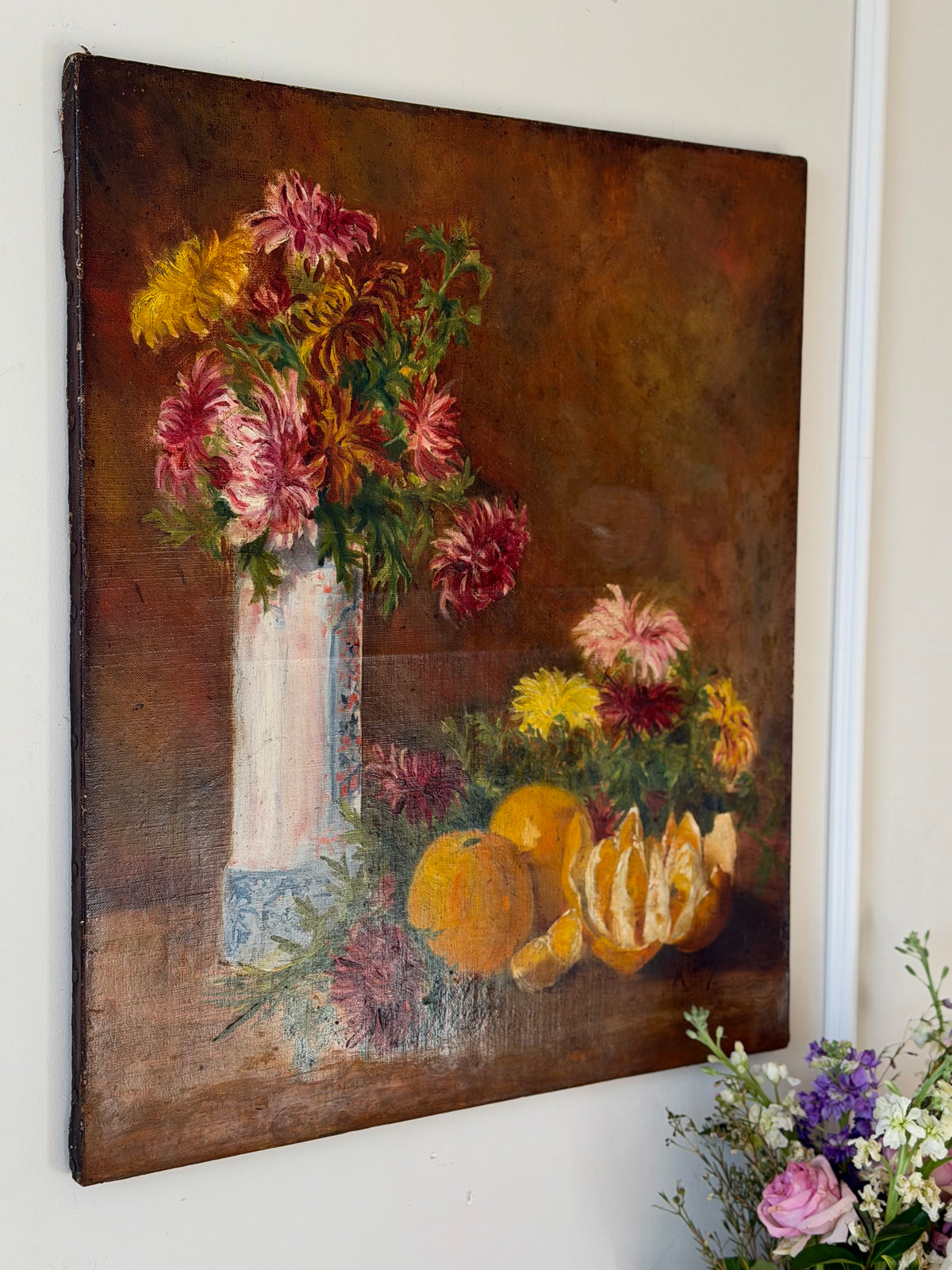 Signed Floral Still Life with Oranges, Oil on Canvas