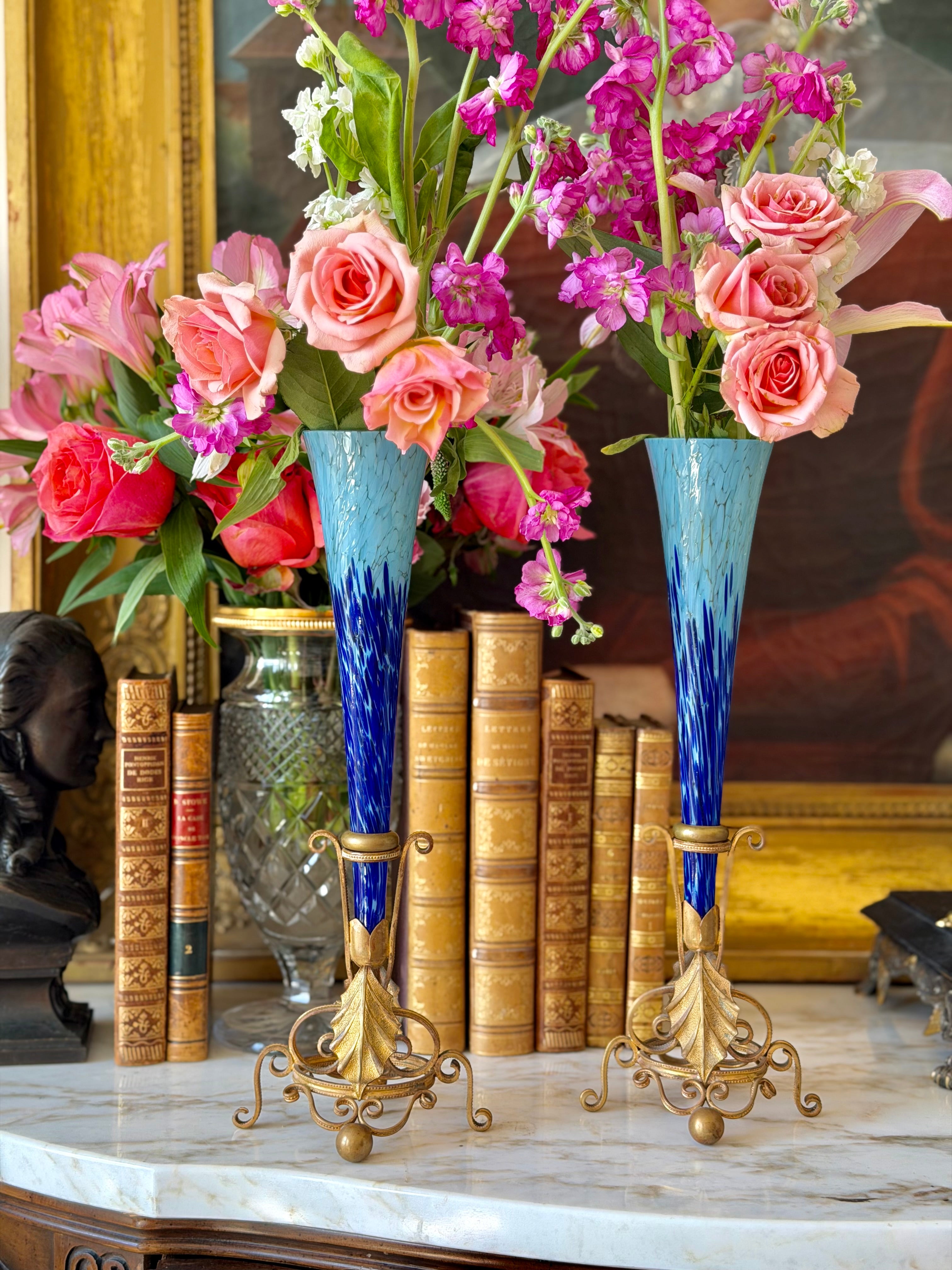 Blue Art Glass Trumpet Vases in Gilt Stands (Pair)