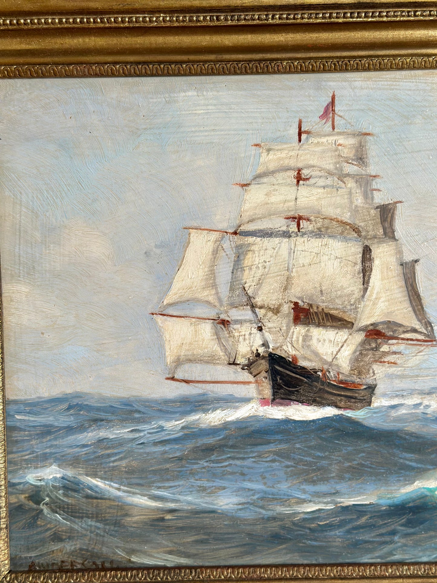 Vintage Oil on Board Seascape | Three-Masted Clipper