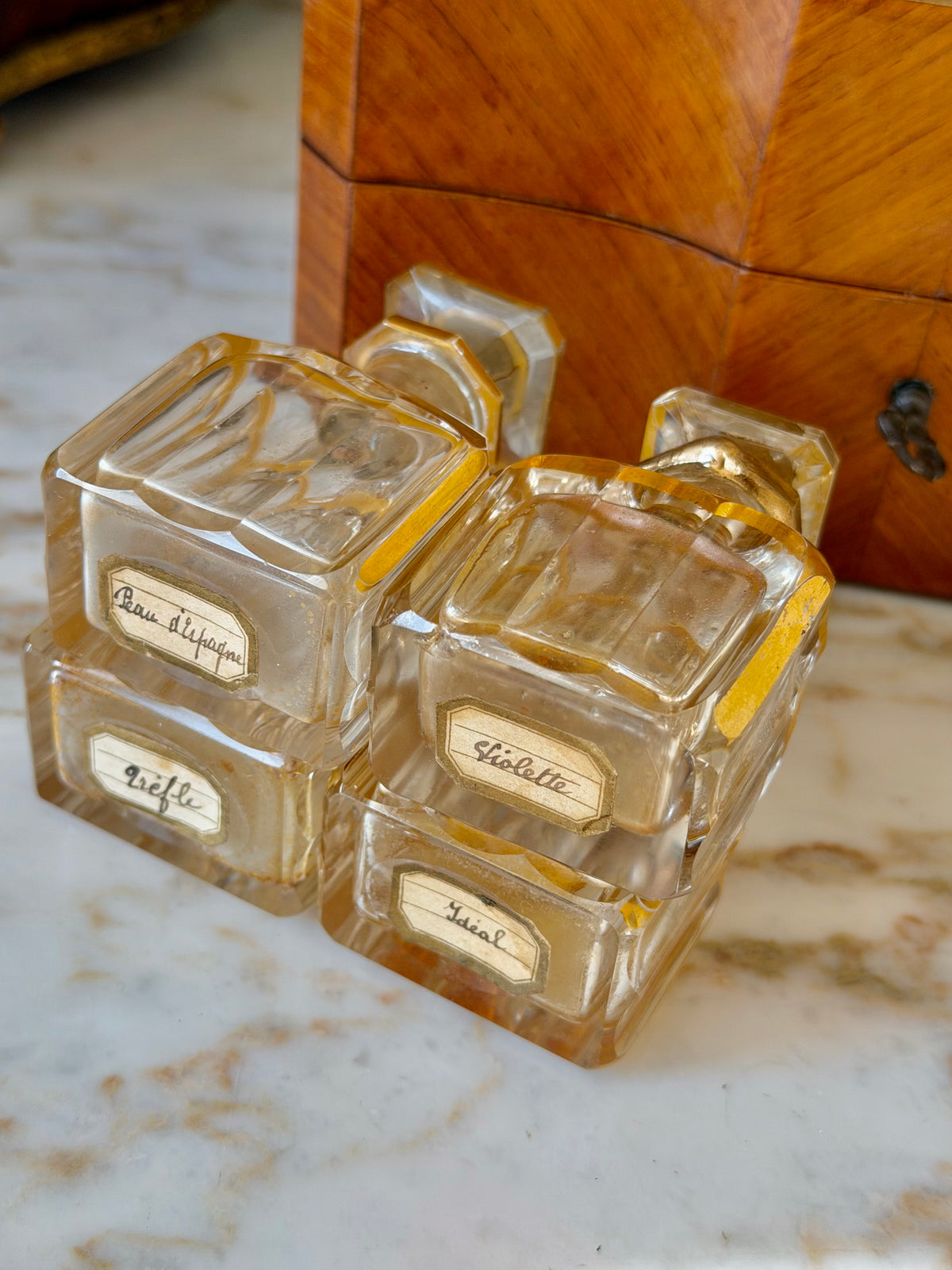 Marquetry Scent Casket with Mother-of-Pearl Inlay & Crystal Bottles