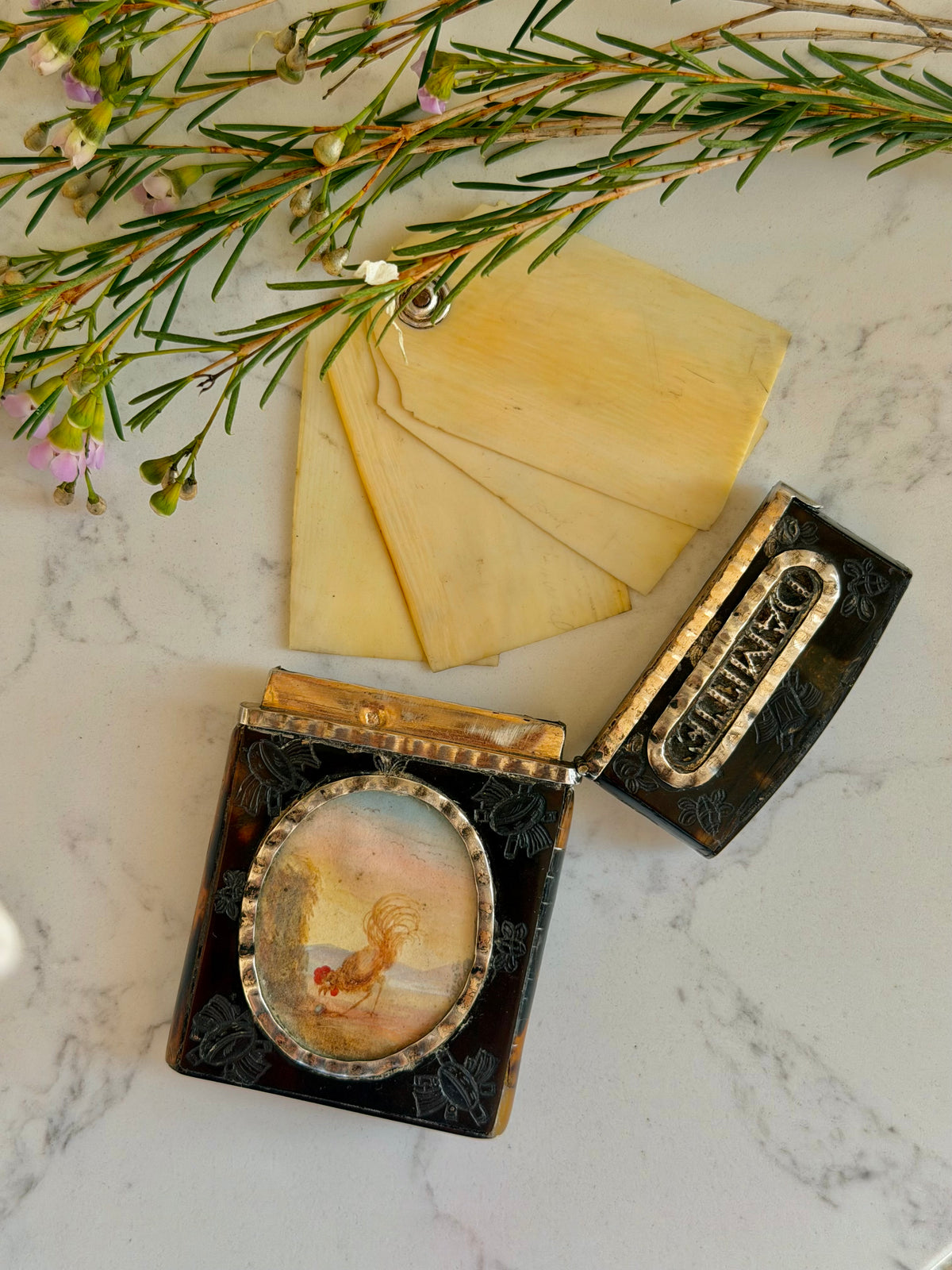 Tortoise & Silver Souvenir Dance Card Case with Painted Miniatures
