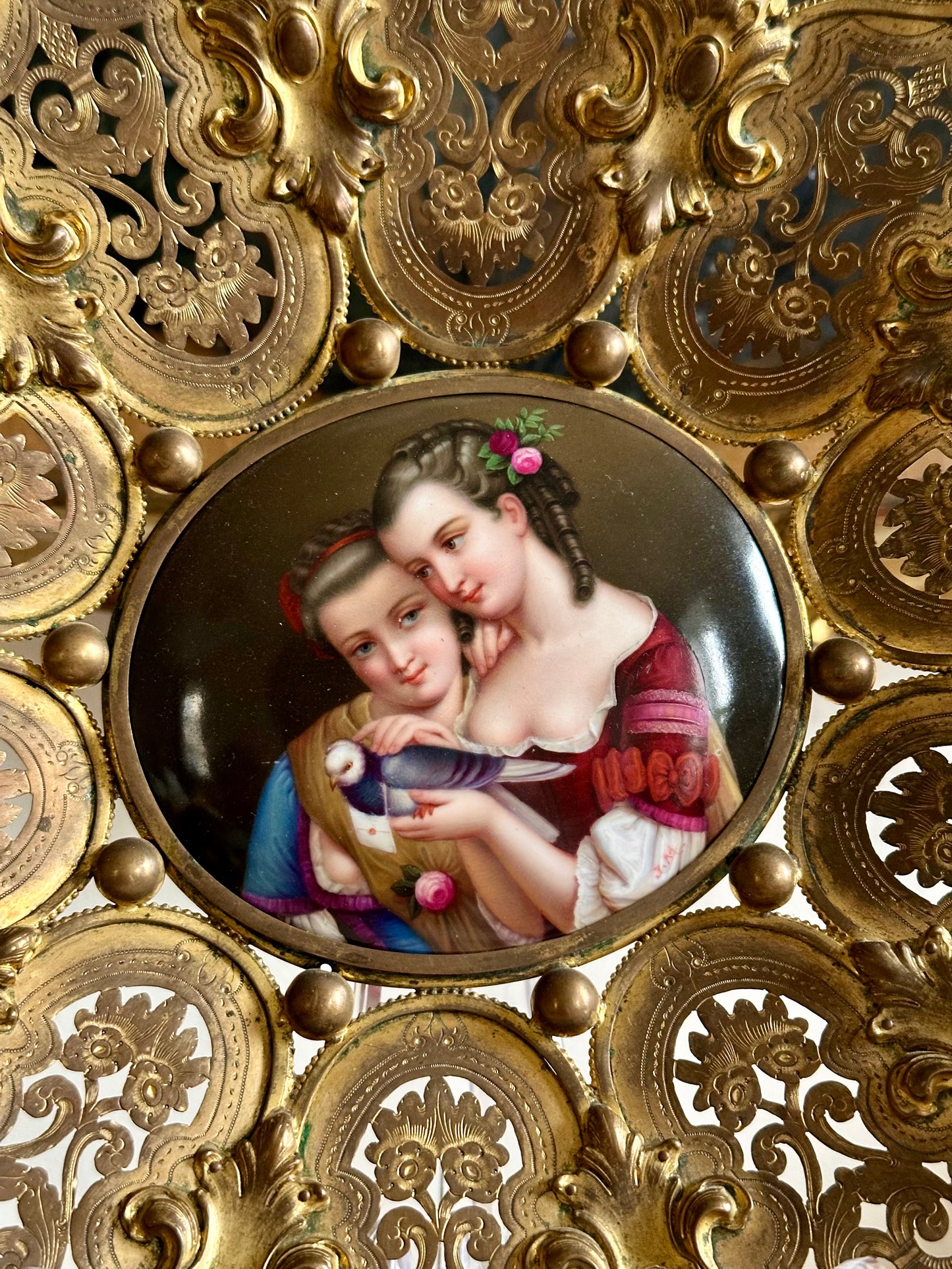Antique Hand-Painted Porcelain Plaque in Gilt Brass Frame