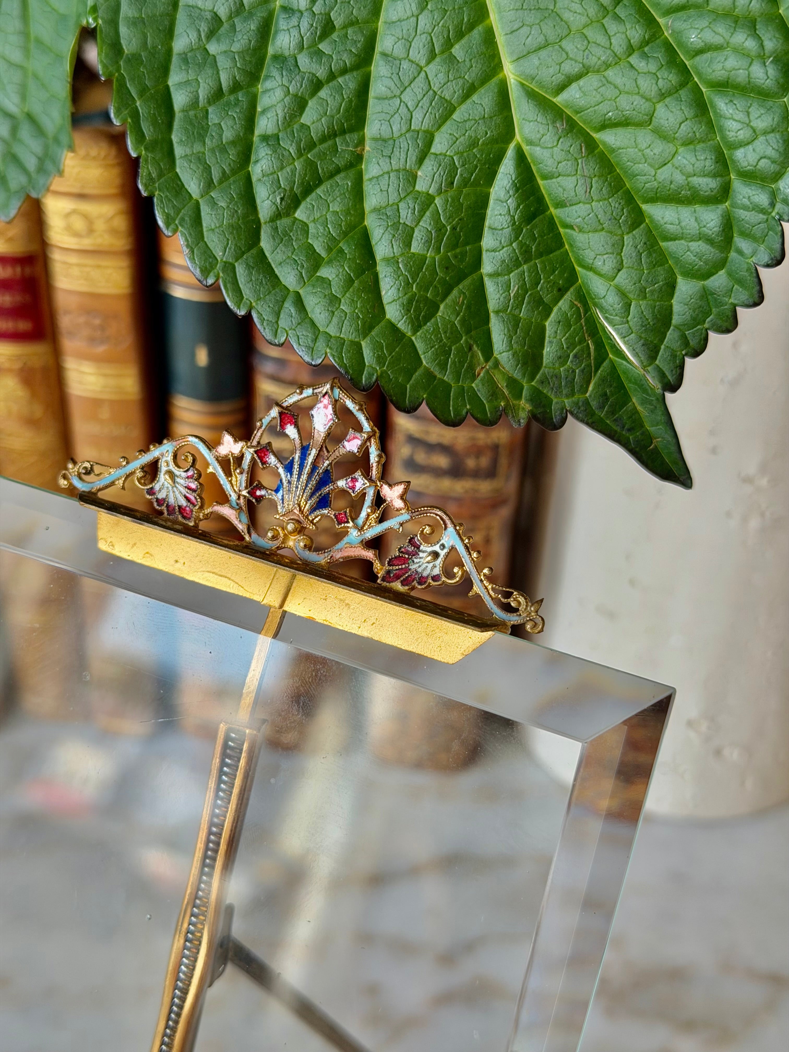 French Champlevé Enamel & Beveled Glass Picture Frame