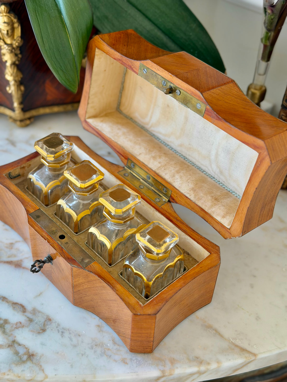 Marquetry Scent Casket with Mother-of-Pearl Inlay & Crystal Bottles