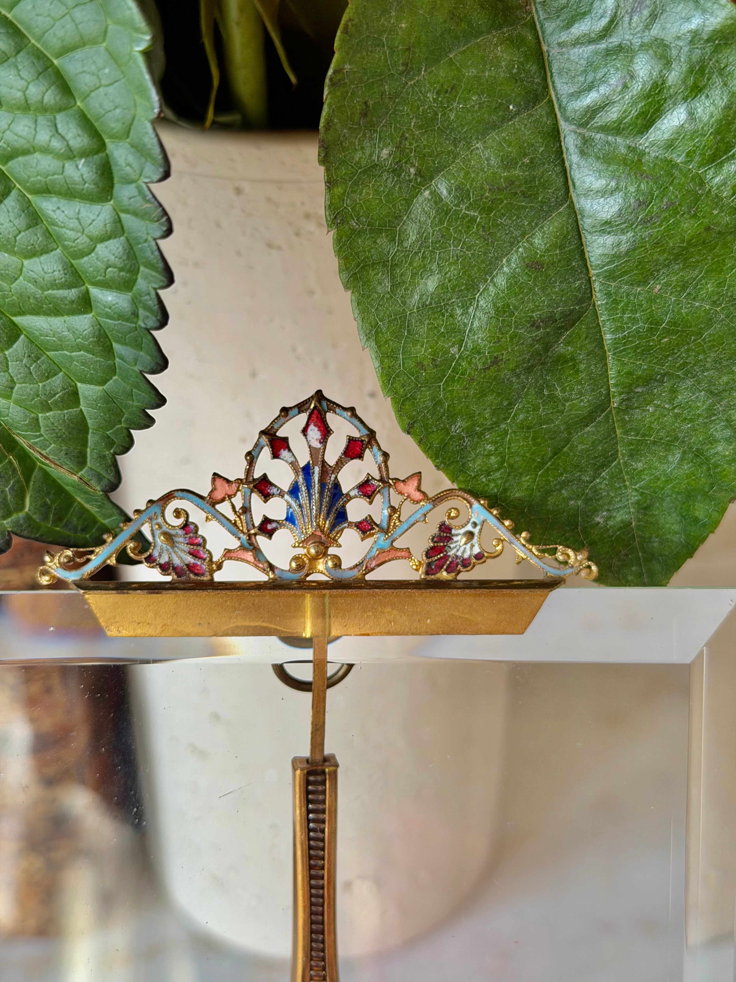 French Champlevé Enamel & Beveled Glass Picture Frame