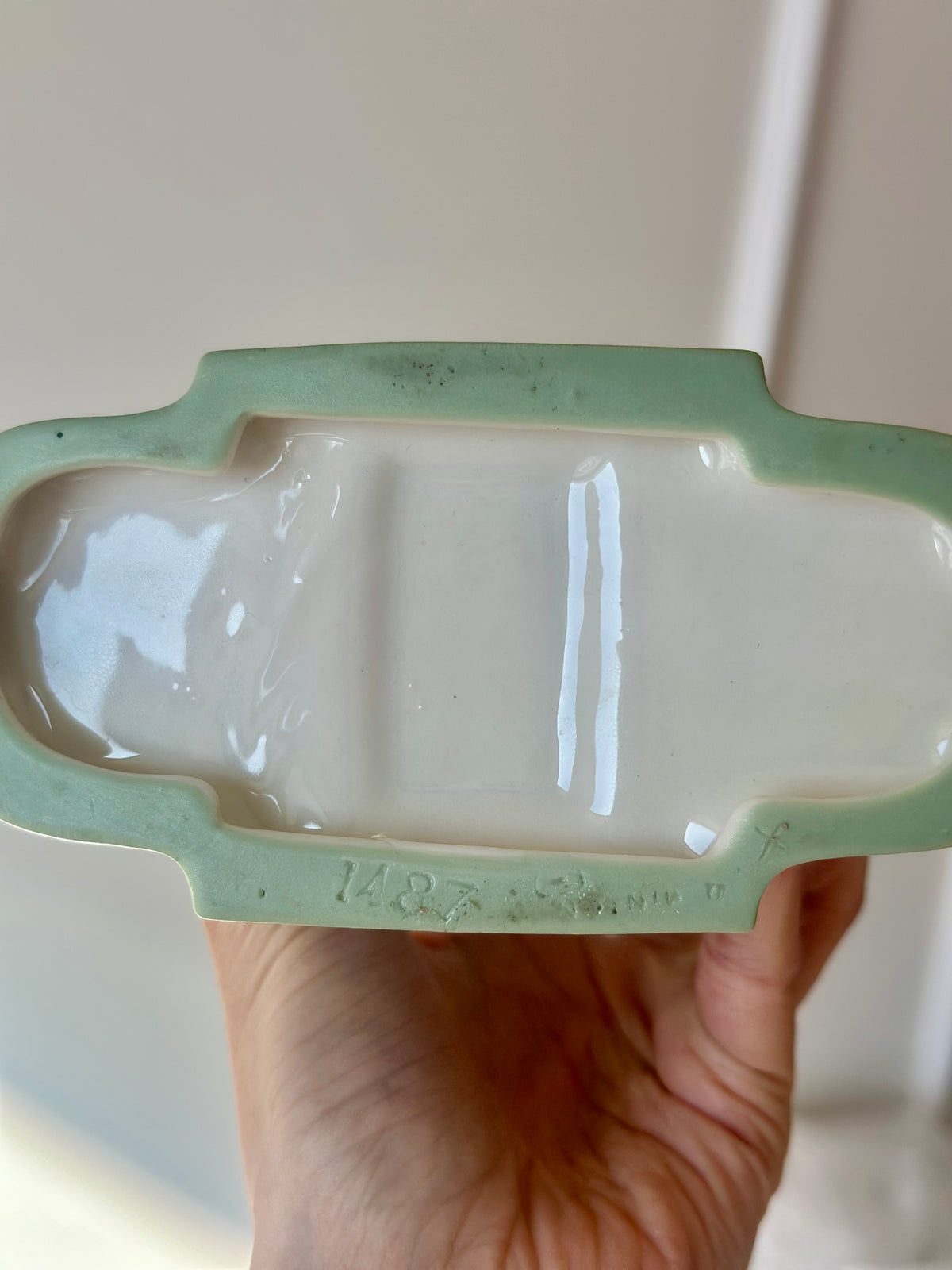 Antique Minton Green Relief Finger Vase