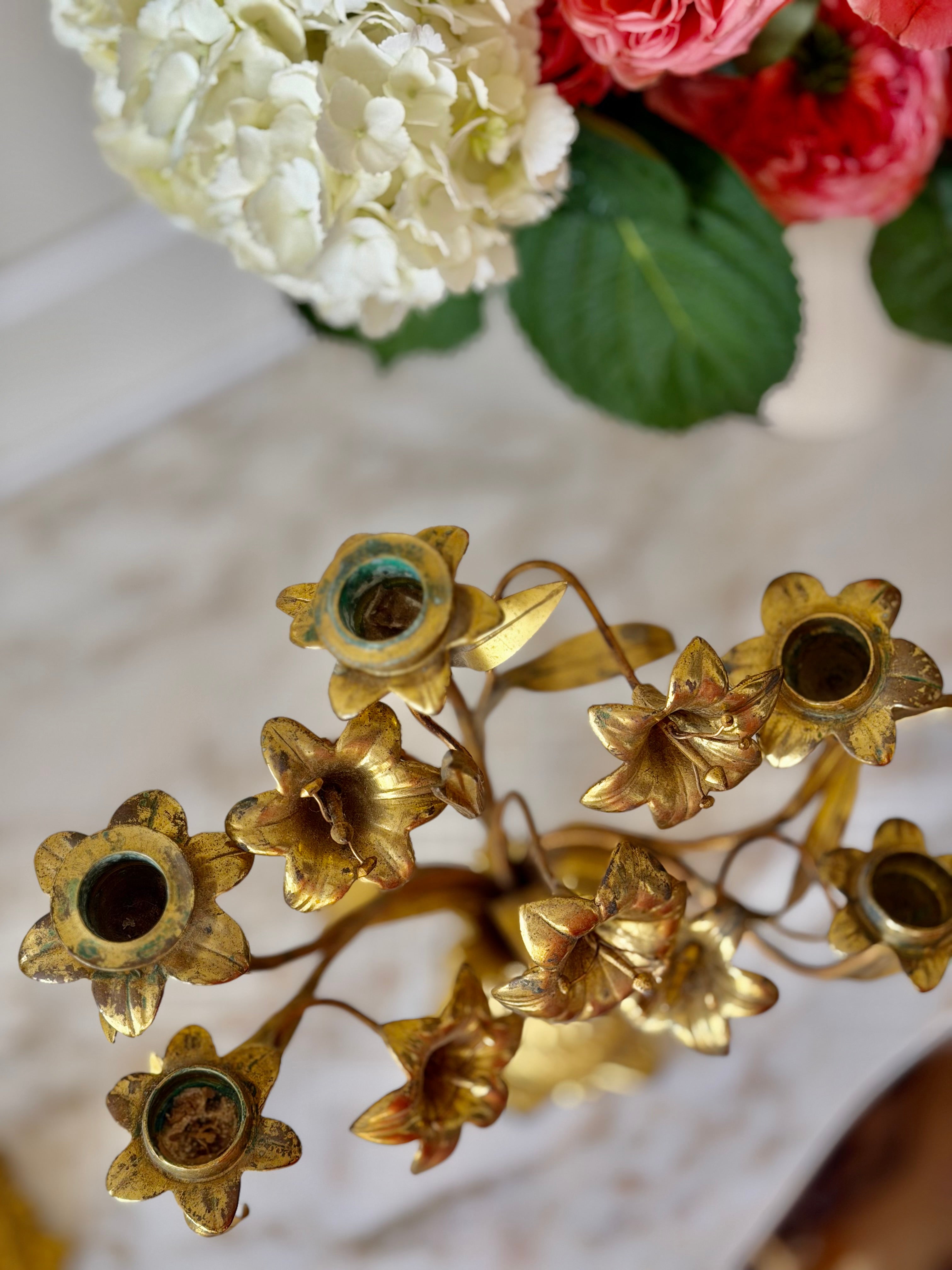 Pair of French Gilt Brass Floral Candelabras