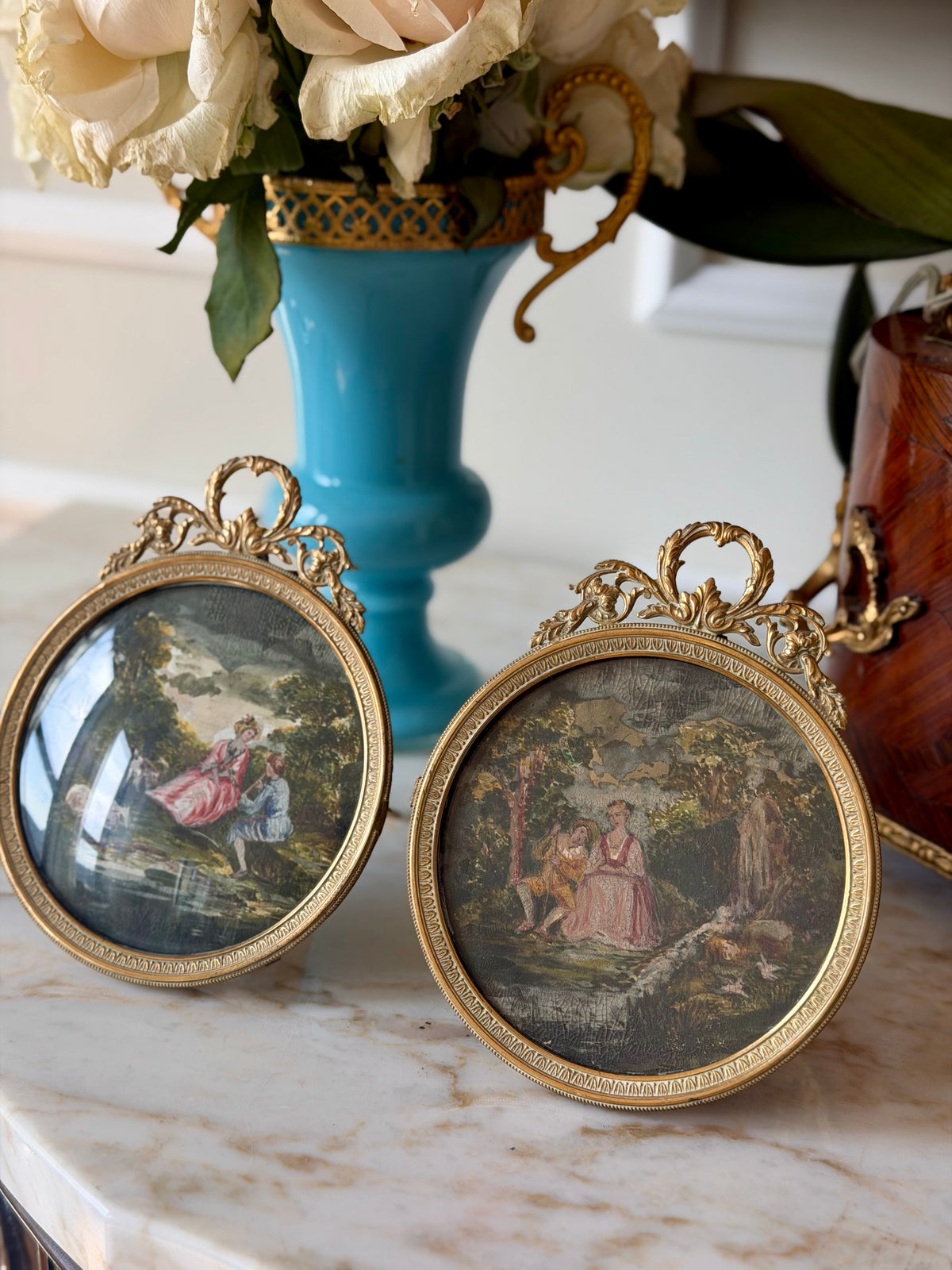 Pair of Gilt Bronze Framed Courting Scenes